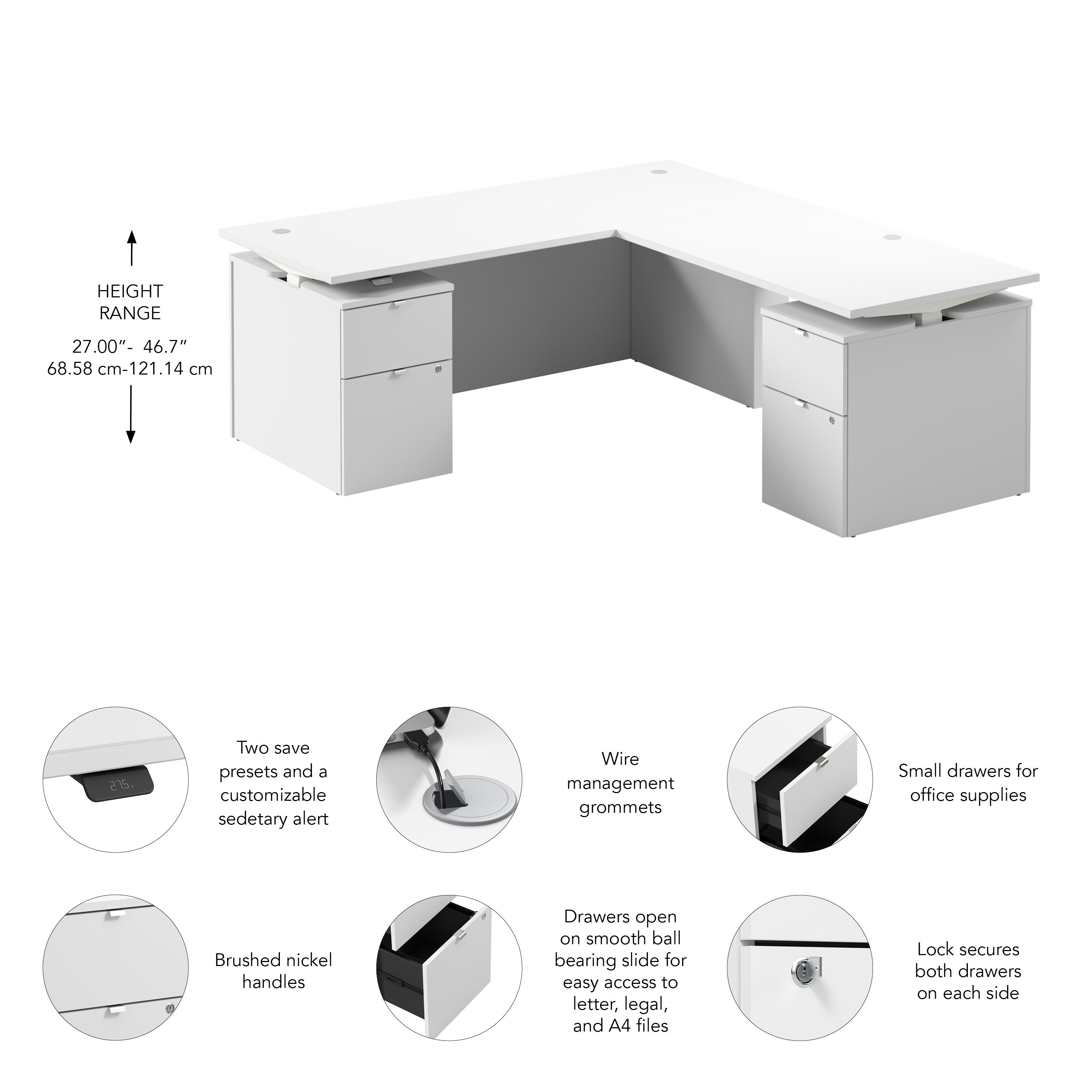 Bush Business Furniture Stratus&nbsp;72W x&nbsp;78D Height Adjustable L Shaped Standing Desk with Drawers in White with White Base - 71.02" Width x 76.97" Depth x 27.44" Height