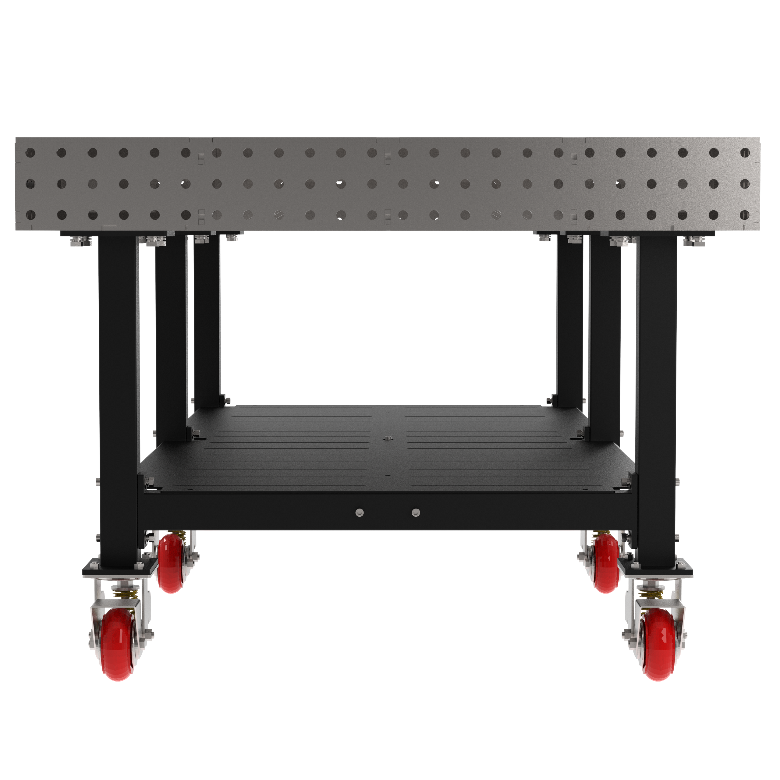 Welding Fixture Table, Fixed Height, 36"H x 96"L x 48"D, 1/4" Carbon Steel Top, Six Black Powdercoat Legs, Shelf, 6 Heavy Duty Suspension Casters (4 Locking/Swiveling Casters and 2 Non-Locking/Non-SwivelingCasters)