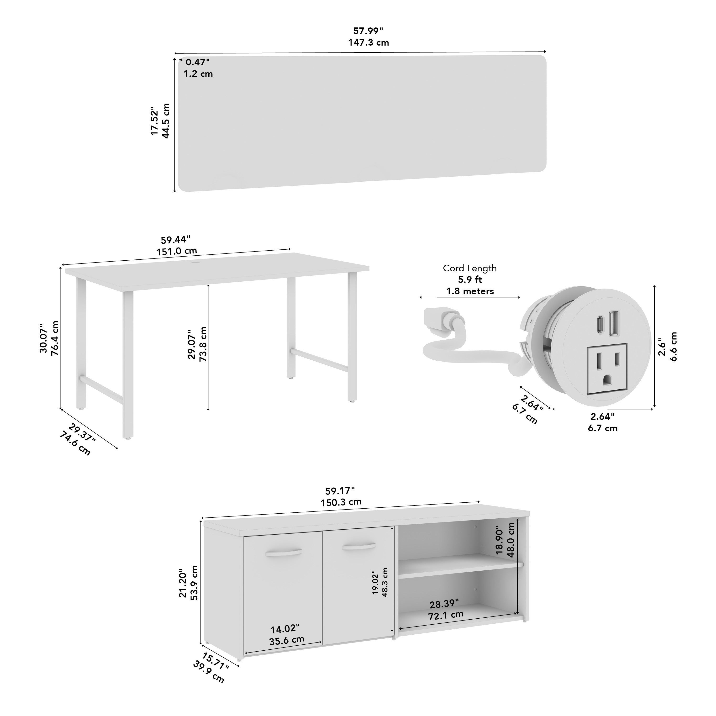 Bush Business Furniture Hustle 2 Person Computer Desk with Low Storage Cabinets, Power Grommets, and Privacy Screen in Platinum Gray - 59.44" Width x 29.37" Depth x 30.07" Height
