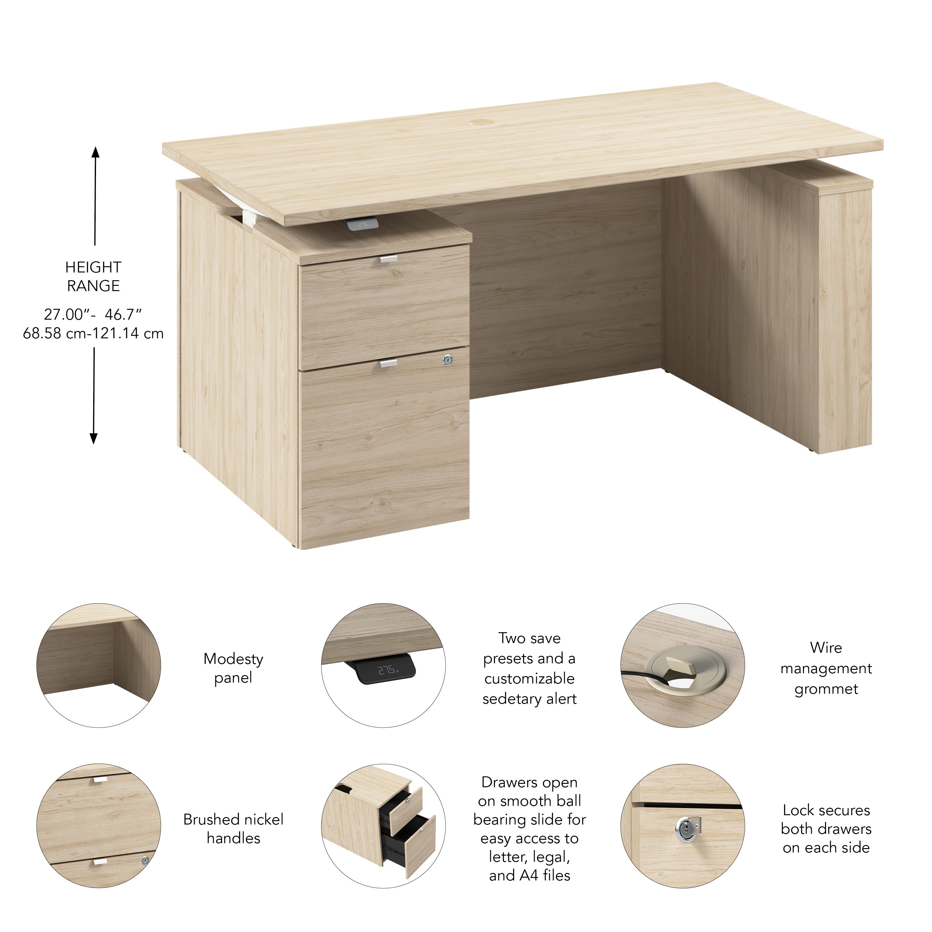Bush Business Furniture Stratus&nbsp;60W x&nbsp;30D Eletric Height Adjustable Standing Desk with File Cabinet in Natural Elm with White Base - 59.45" Width x 29.37" Depth x 27.44" Height