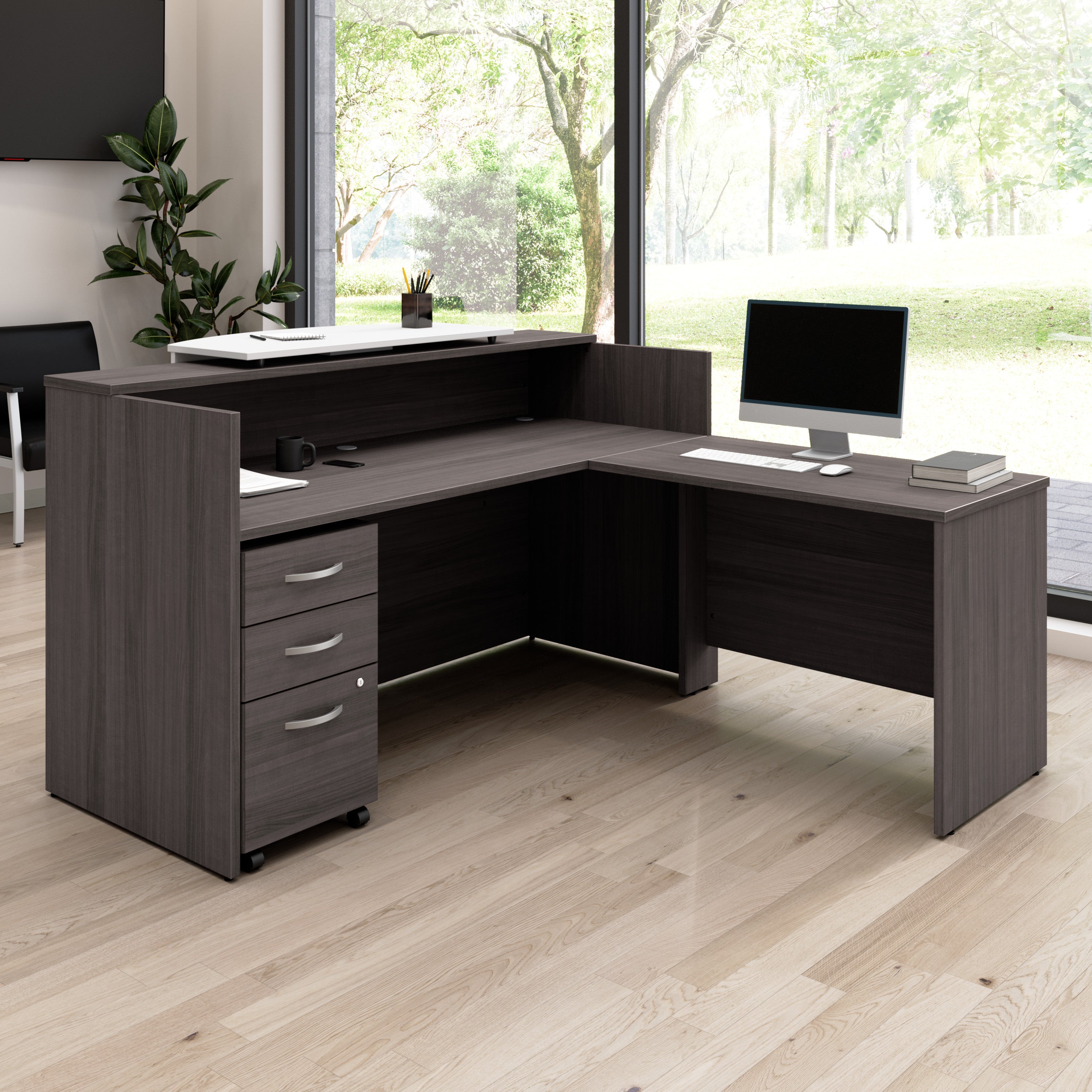 Bush Business Furniture Arrive 72W x 72D L Shaped Reception Desk with Counter and Mobile File Cabinet in Storm Gray - 71.02" Width x 71.14" Depth x 40.35" Height