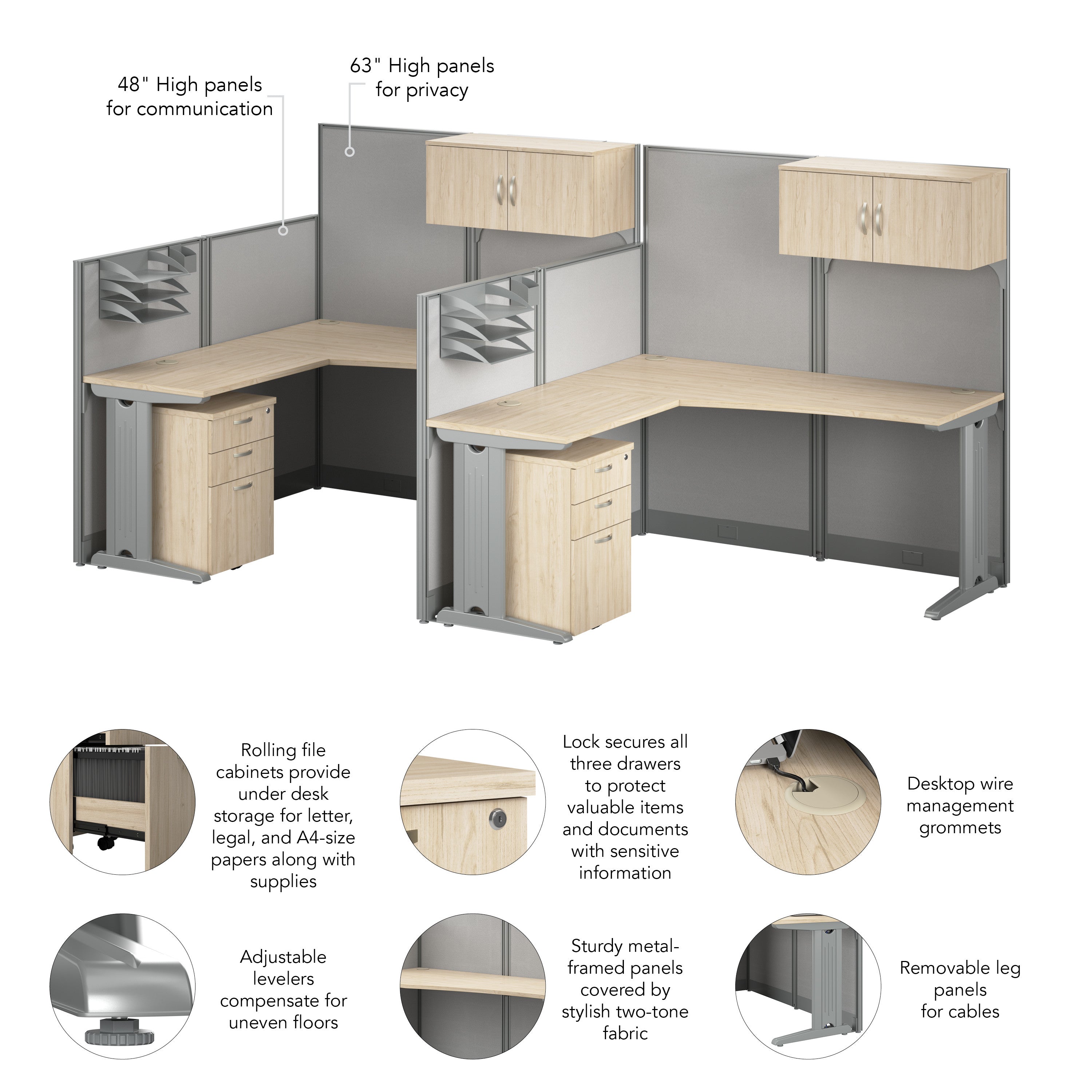 Bush Business Furniture Office in an Hour 2 Person L Shaped Cubicle Desks with Storage, Drawers, and Organizers in Natural Elm - 128.97" Width x 64.88" Depth x 62.86" Height