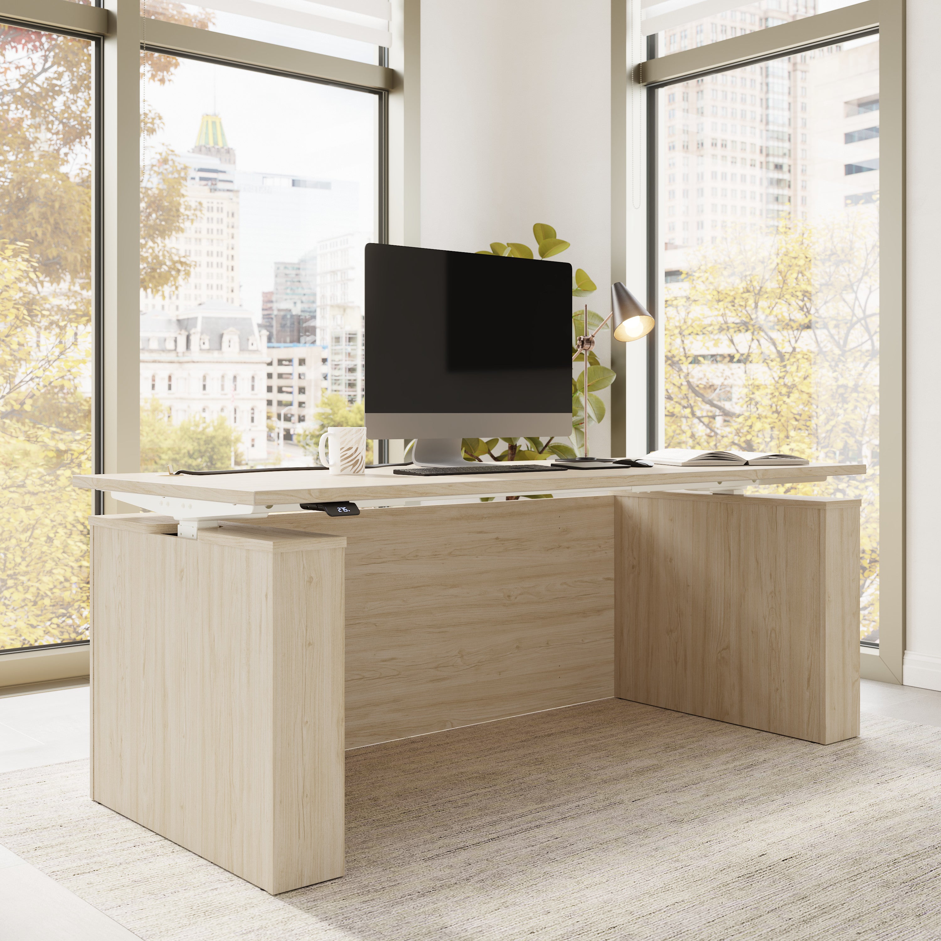 Bush Business Furniture Stratus&nbsp;72W x&nbsp;30D Electric Height Adjustable Standing Desk with Modesty Panel in Natural Elm with White Base - 71.02" Width x 29.37" Depth x 27.44" Height