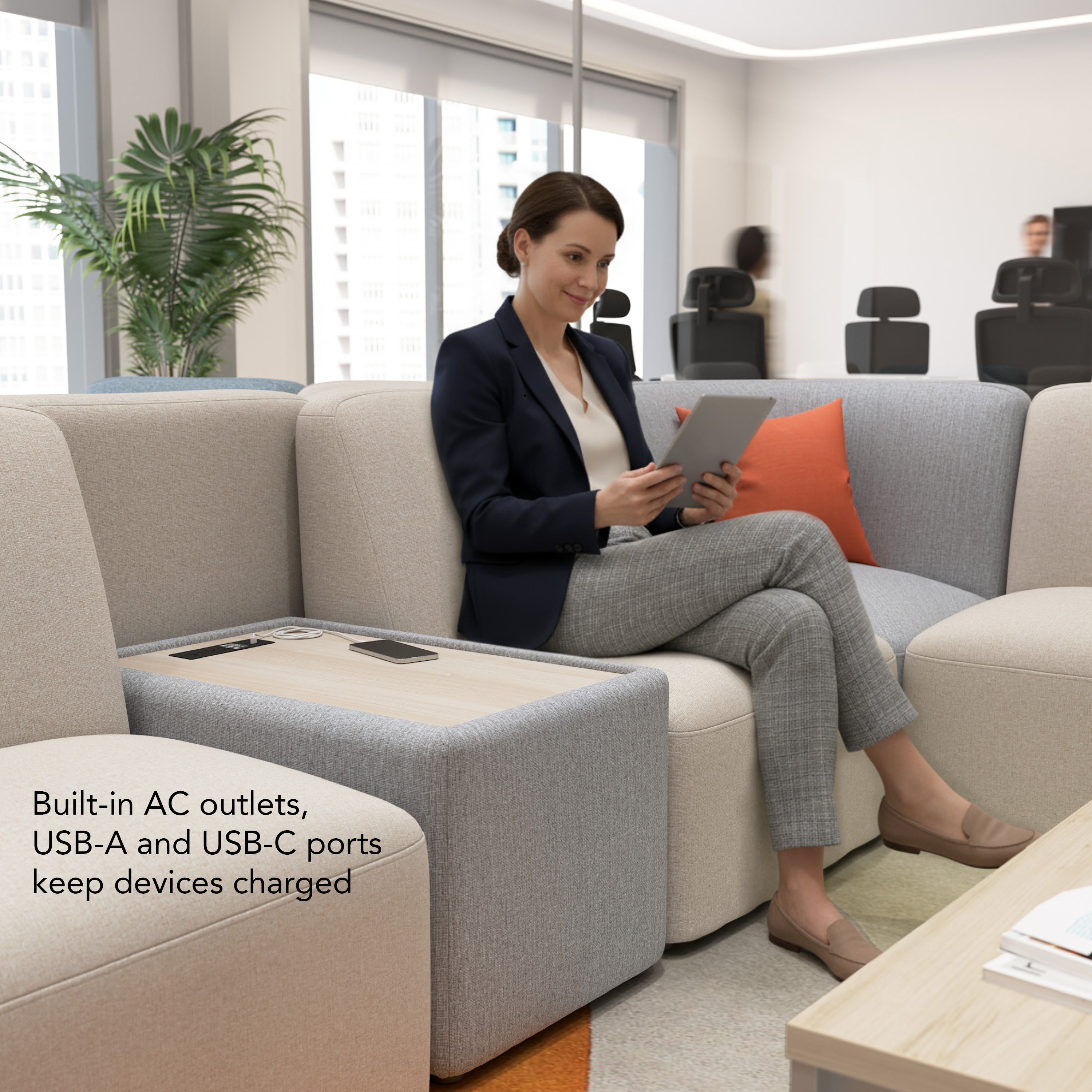 Bush Business Furniture Assemble Modular 5 Seater L Shaped Sectional with Charging Station in Fog Fabric - 100.6" Width x 89.76" Depth x 29.92" Height