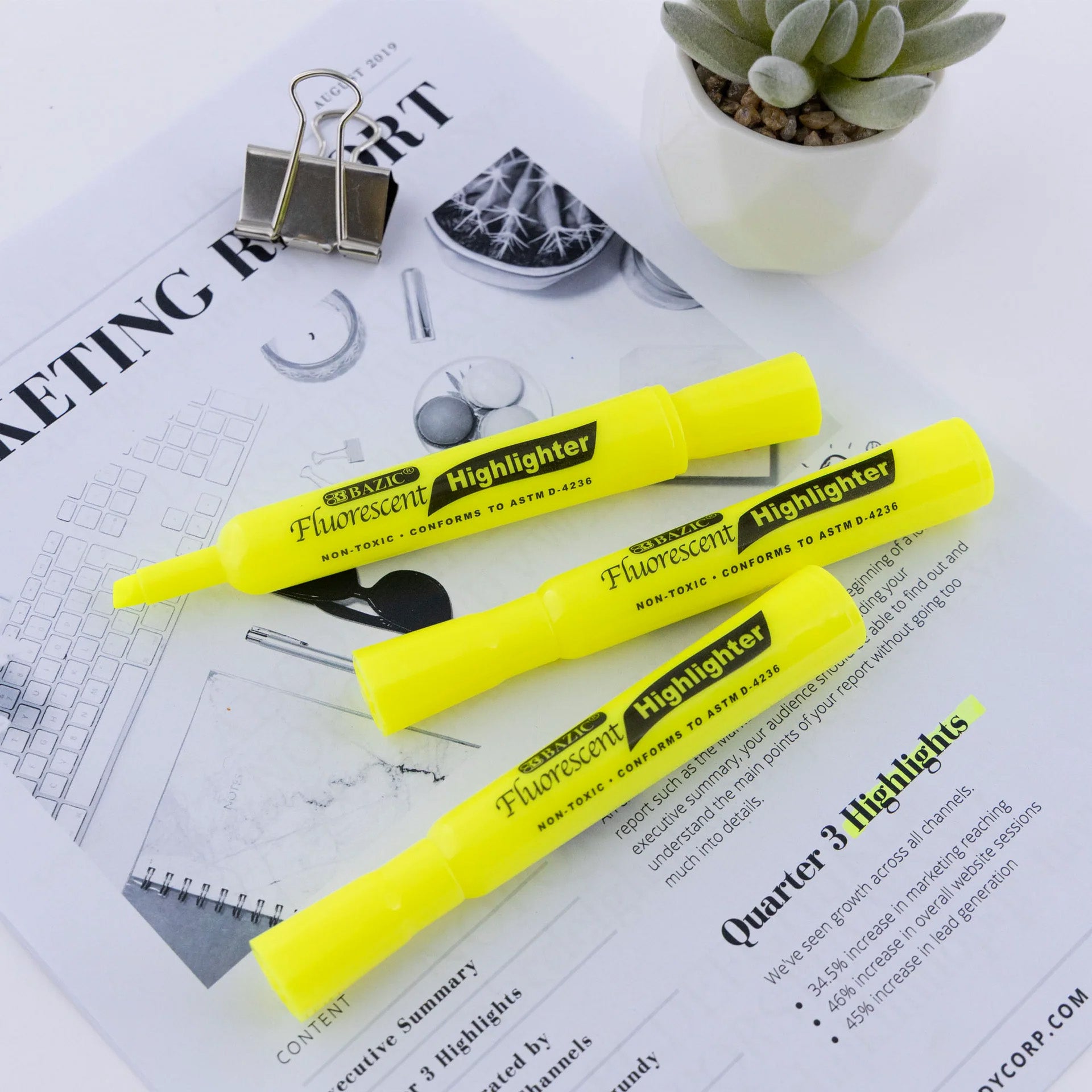 Desk Style Fluorescent Highlighters, Yellow, Pack of 4