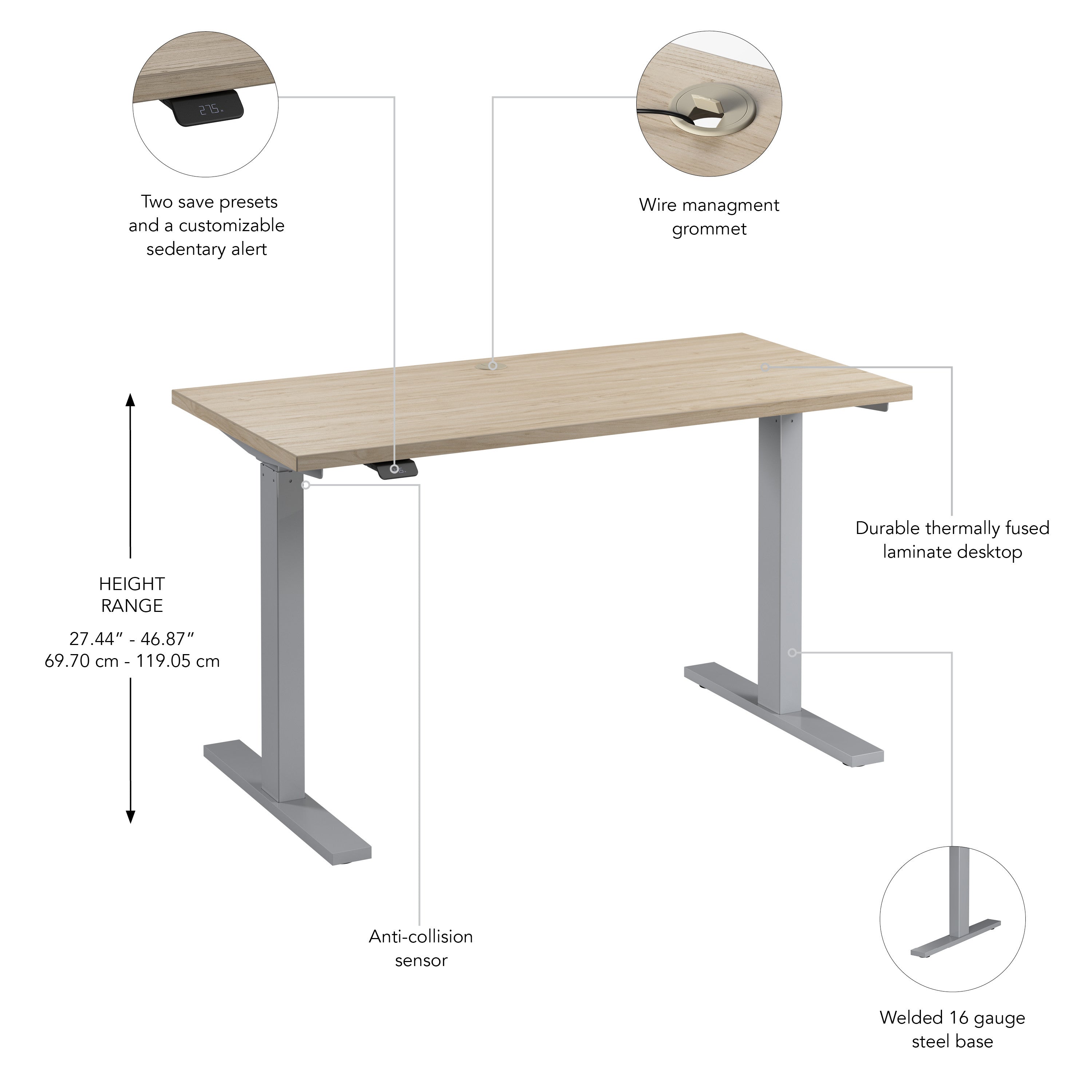 Bush Business Furniture Move 60 Series 48W x 24D Electric Height Adjustable Standing Desk in Natural Elm with Metallic Gray Base - 47.6" Width x 23.62" Depth x 47.69" Height