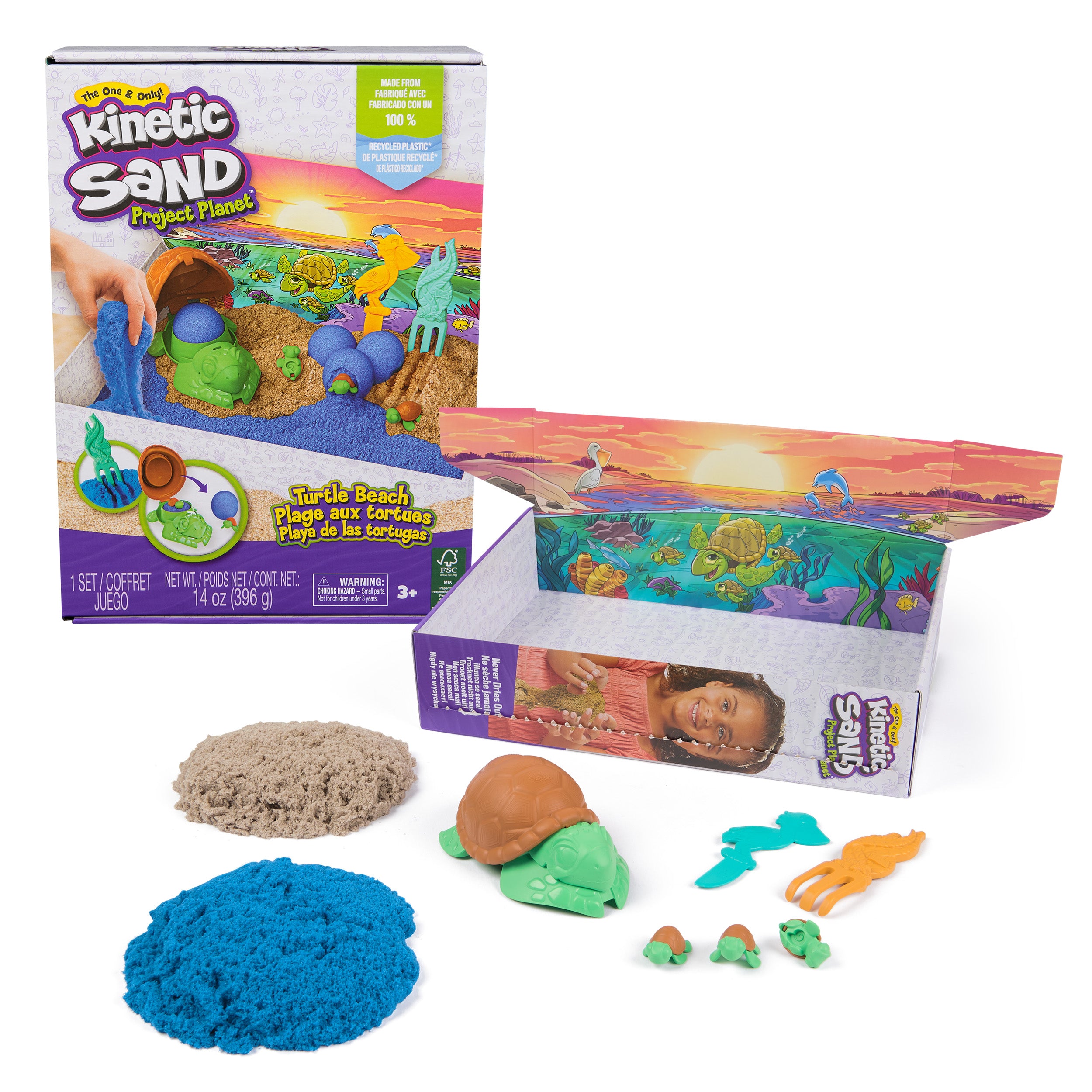Kinetic Sand, Project Planet Turtle Beach with 14oz Play Sand, Tools & Molds, Sustainably Minded Eco Friendly Materials, Sensory Toys for Kids
