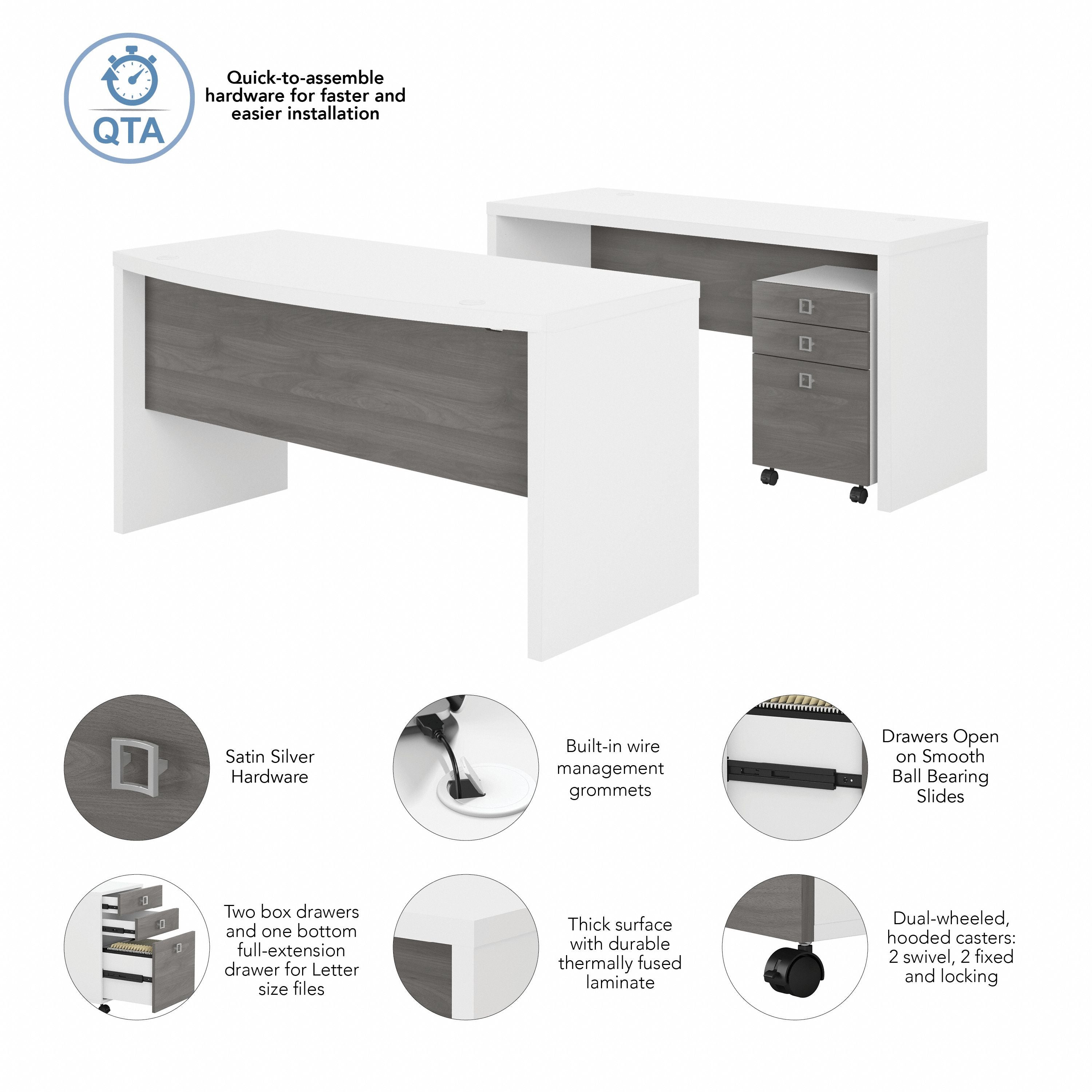 Bush Business Furniture Echo Bow Front Desk and Credenza with Mobile File Cabinet in Pure White and Modern Gray - 60" Width x 87.26" Depth x 30" Height