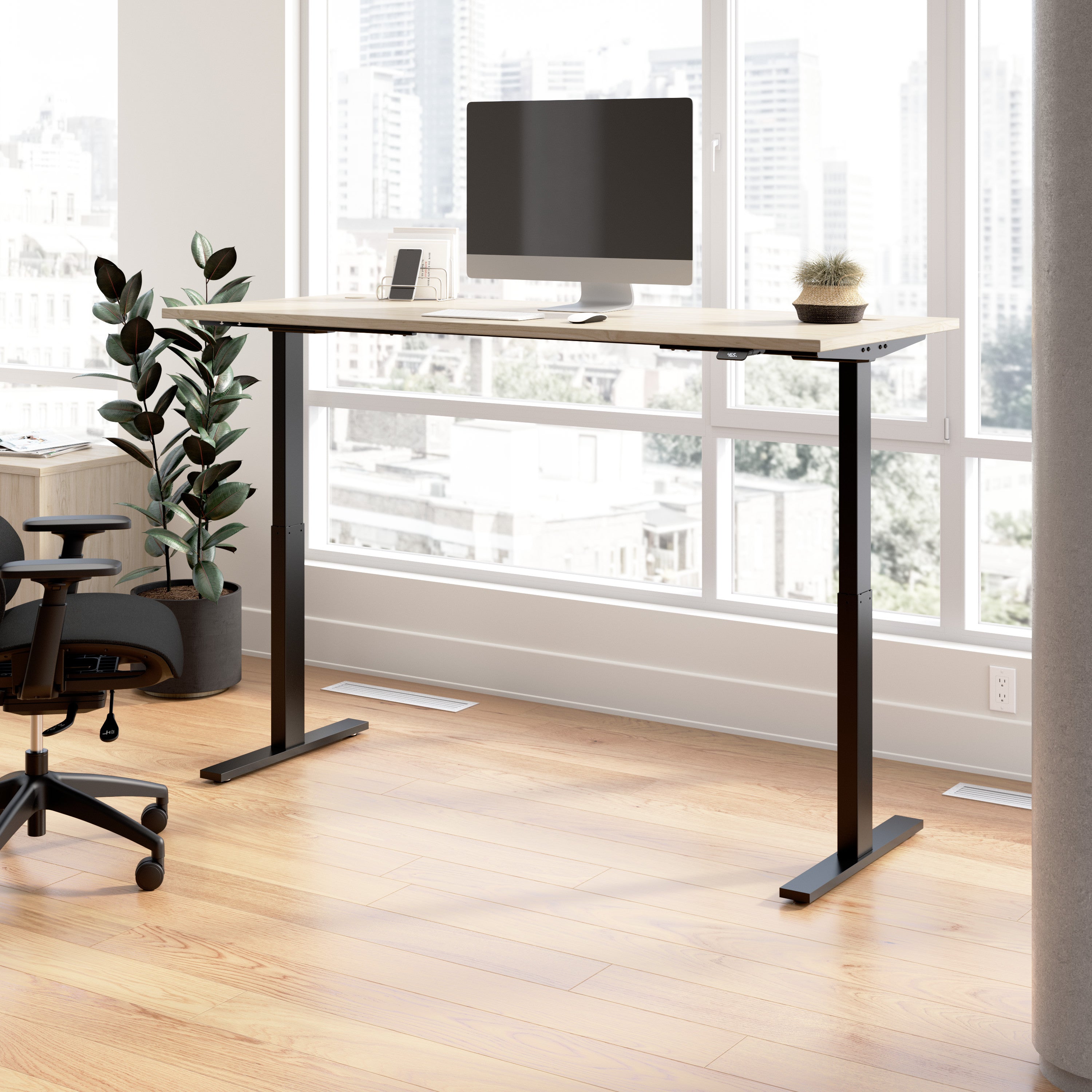 Bush Business Furniture Move 60 Series 72W x 30D Electric Height Adjustable Standing Desk in Natural Elm with Black Base - 71.02" Width x 29.37" Depth x 47.69" Height