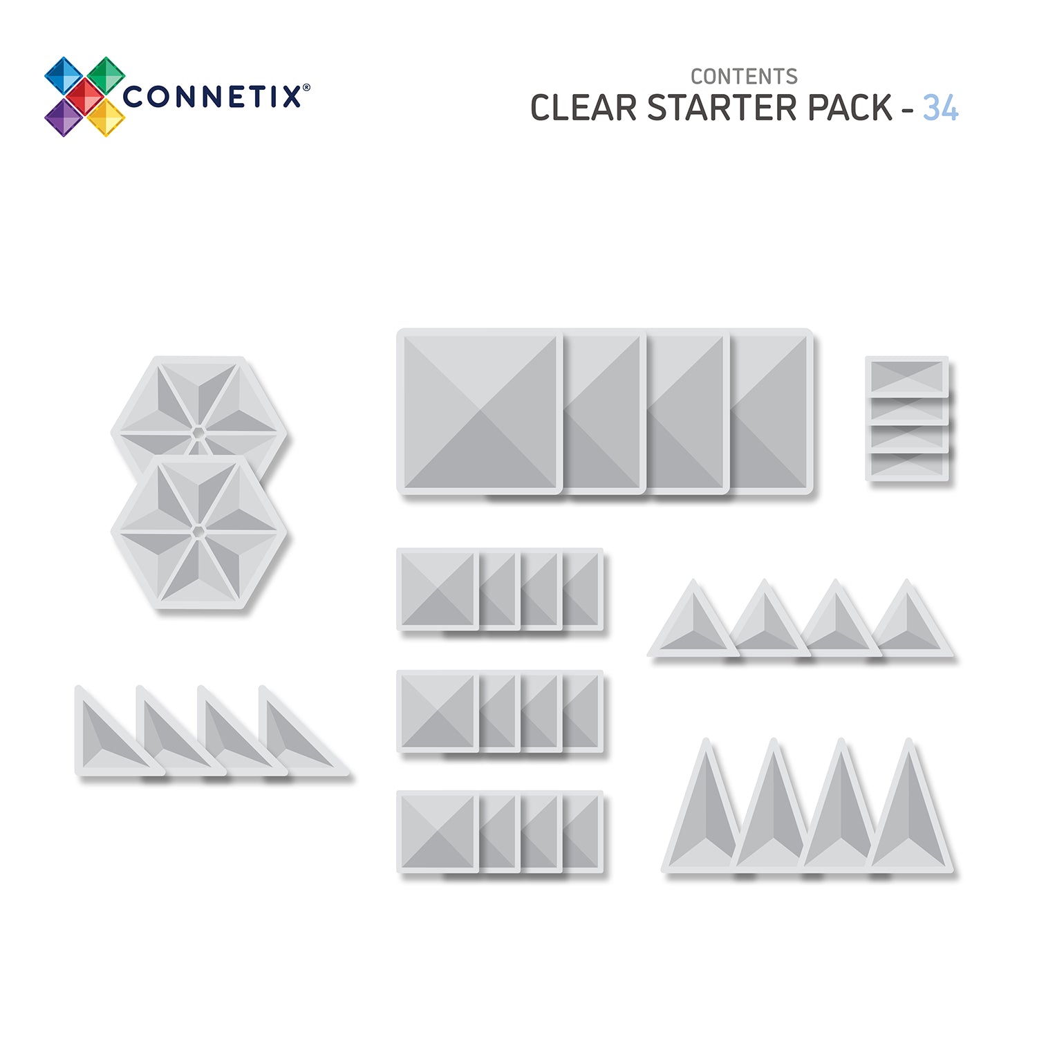 Magnetic Tiles Clear Starter Pack, 34 Pieces