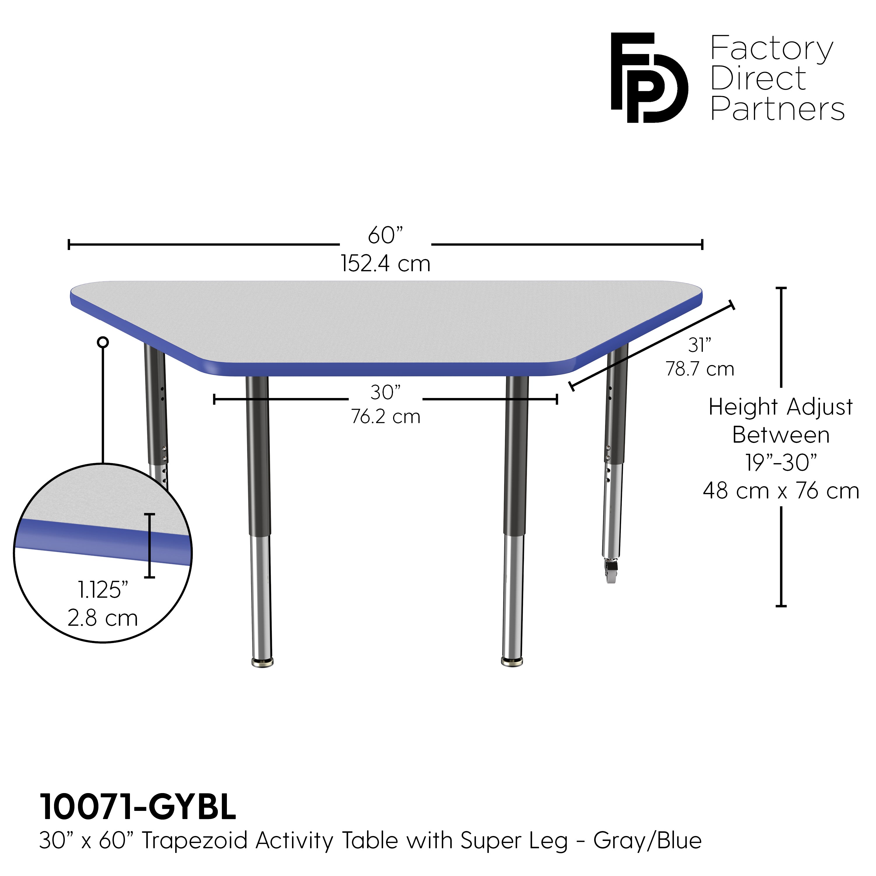 30" x 60" Trapezoid T-Molding Activity Table with Adjustable Super Legs - Gray/Blue/Black