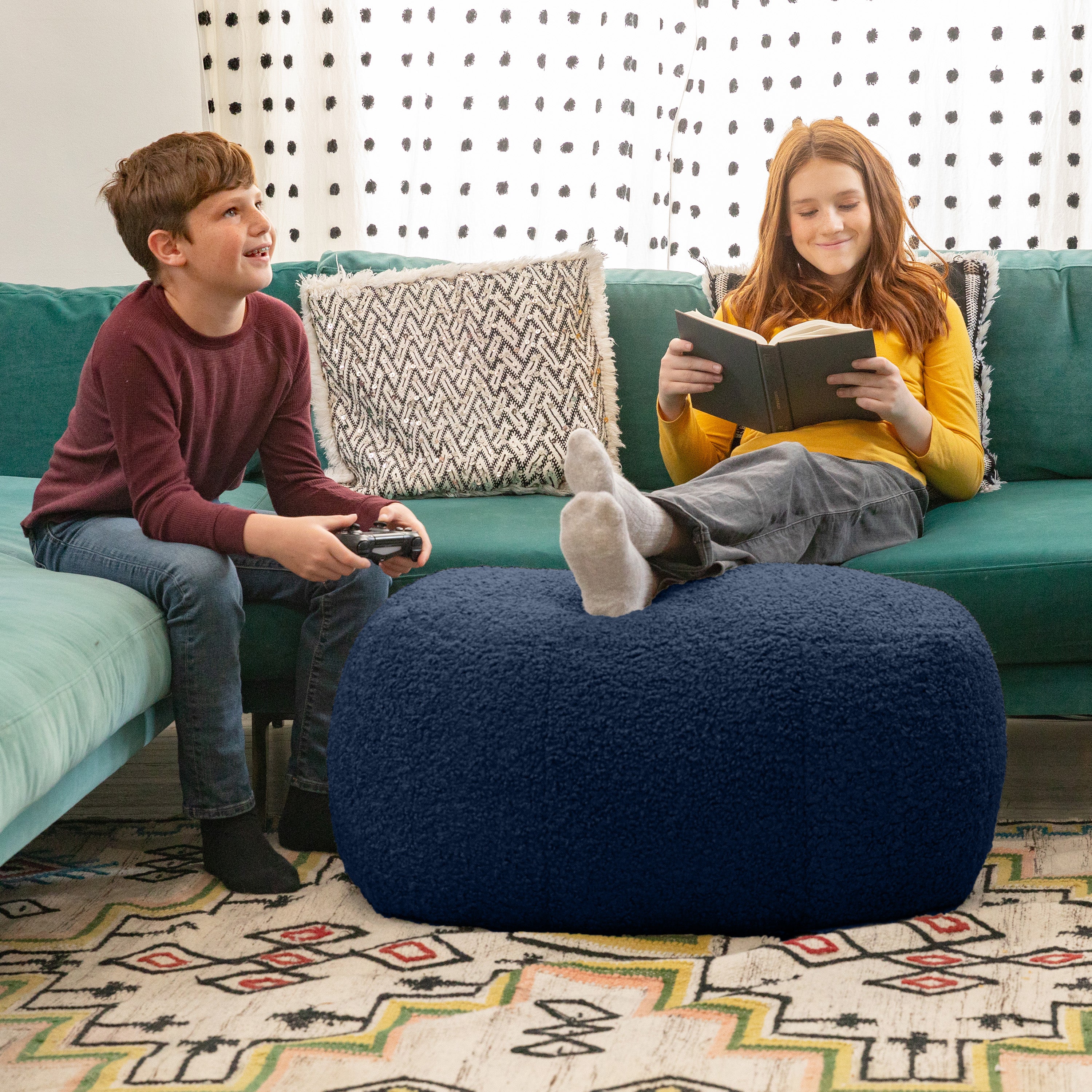 Jaxx Ellis Ottoman Shearling Faux-Lamb Plush Pouf for Modern Interior Design, Oval, Indigo