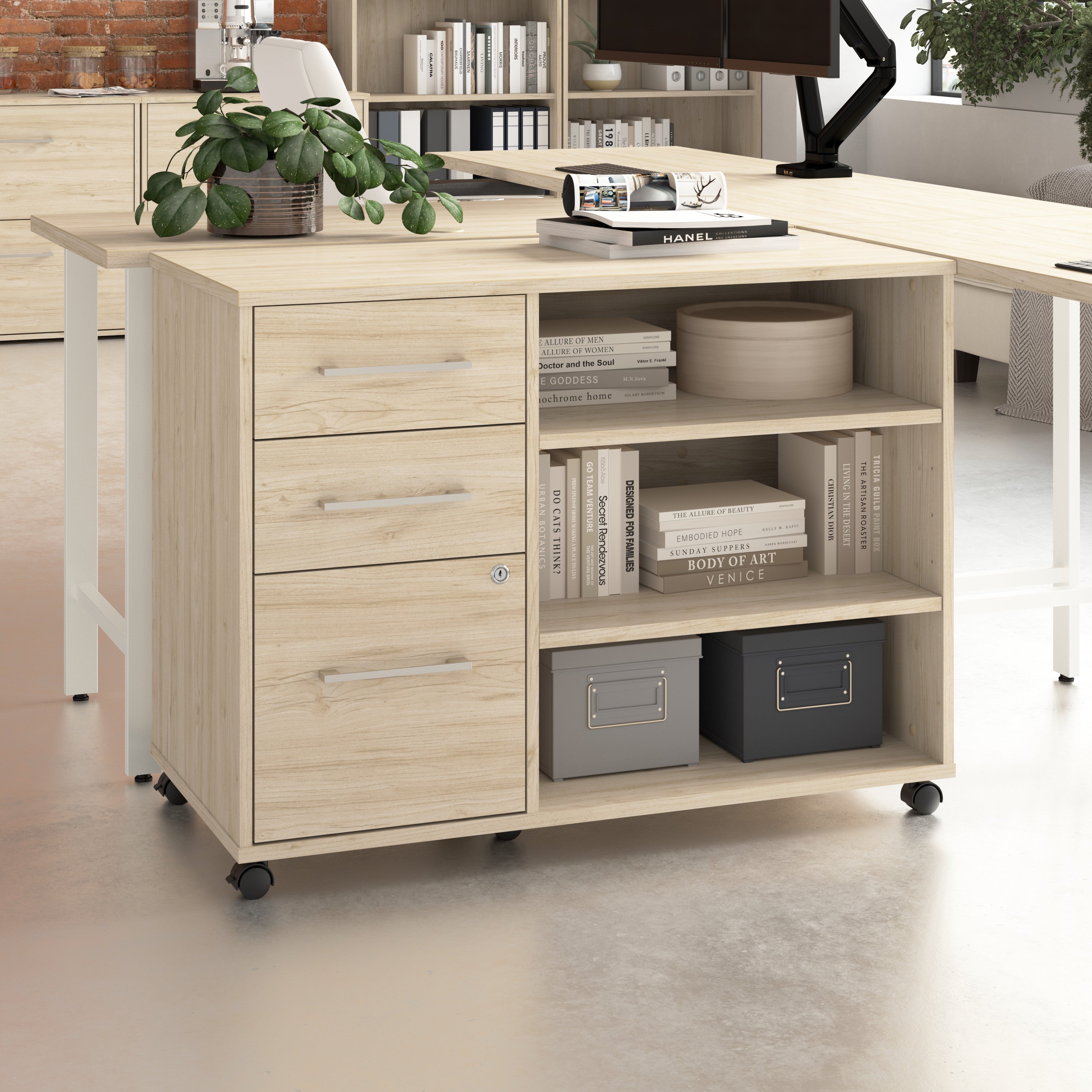 Bush Business Furniture Hustle Rolling Storage Cabinet with Drawers and Shelves in Natural Elm - Assembled - 39.61" Width x 19.61" Depth x 29.96" Height