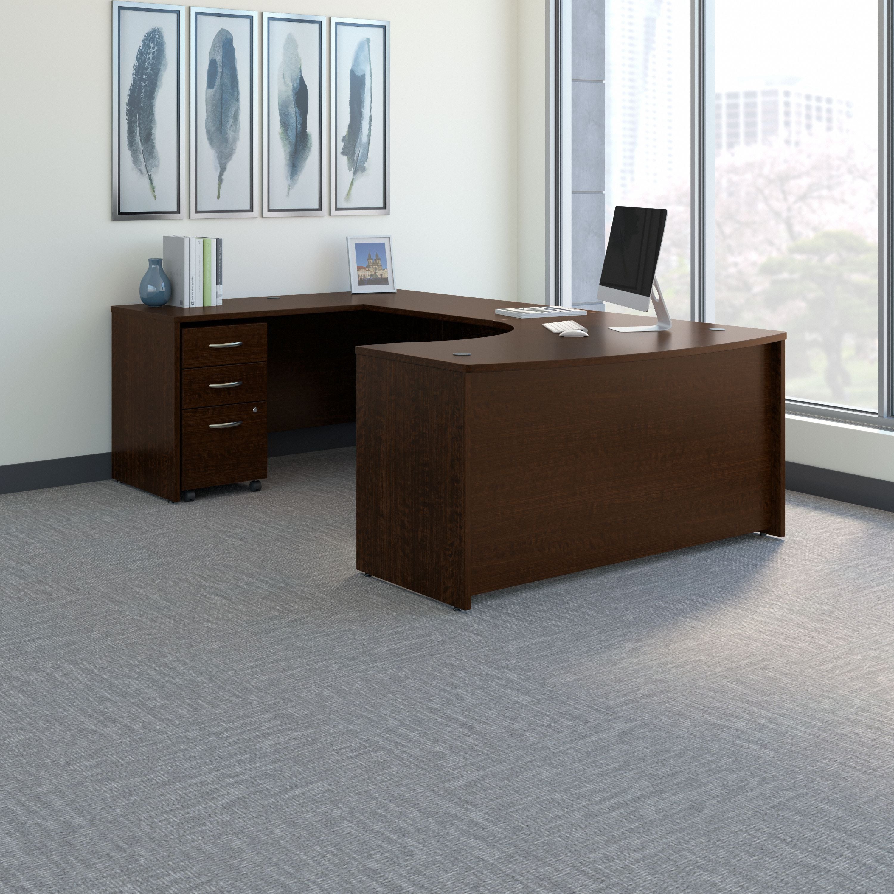 Bush Business Furniture Series C 60W Left Handed Bow Front U Shaped Desk with Mobile File Cabinet in Mocha Cherry - 59.45" Width x 101.65" Depth x 29.84" Height