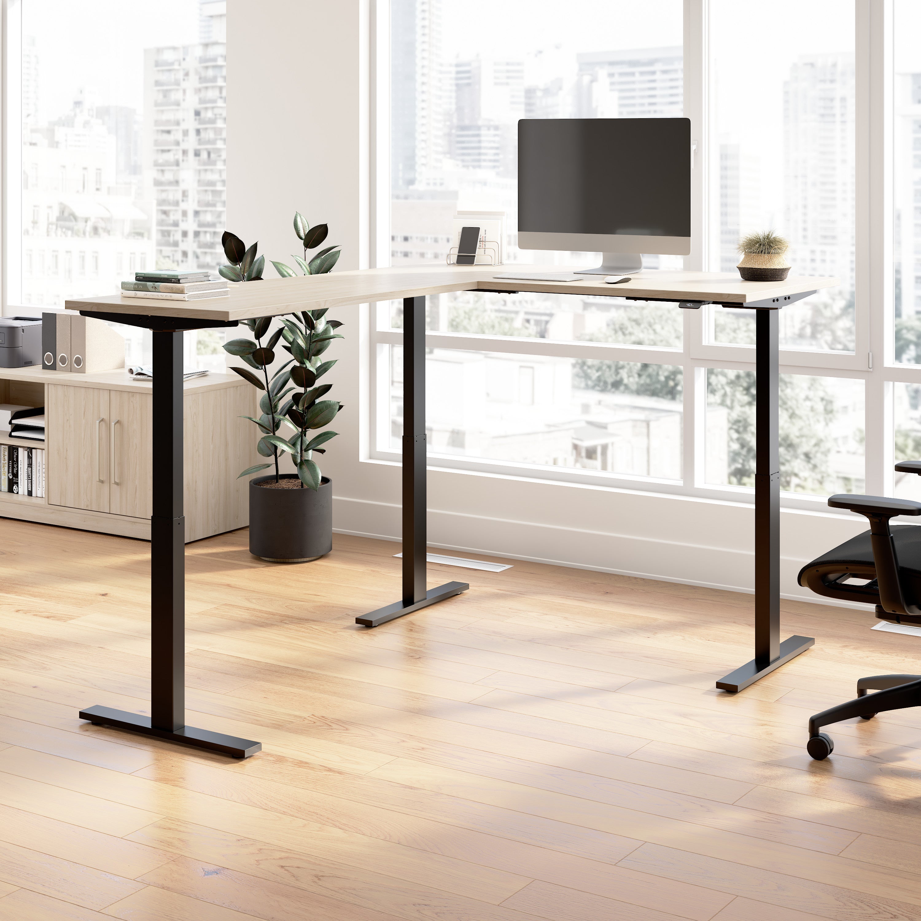 Bush Business Furniture Move 60 Series 60W Height Adjustable L Shaped Standing Desk in Natural Elm with Black Base - 59.45" Width x 76.97" Depth x 27.44" Height