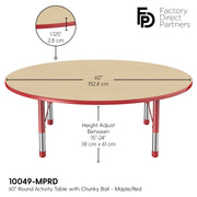 60" Round T-Molding Activity Table with Adjustable Chunky Legs - Maple/Red
