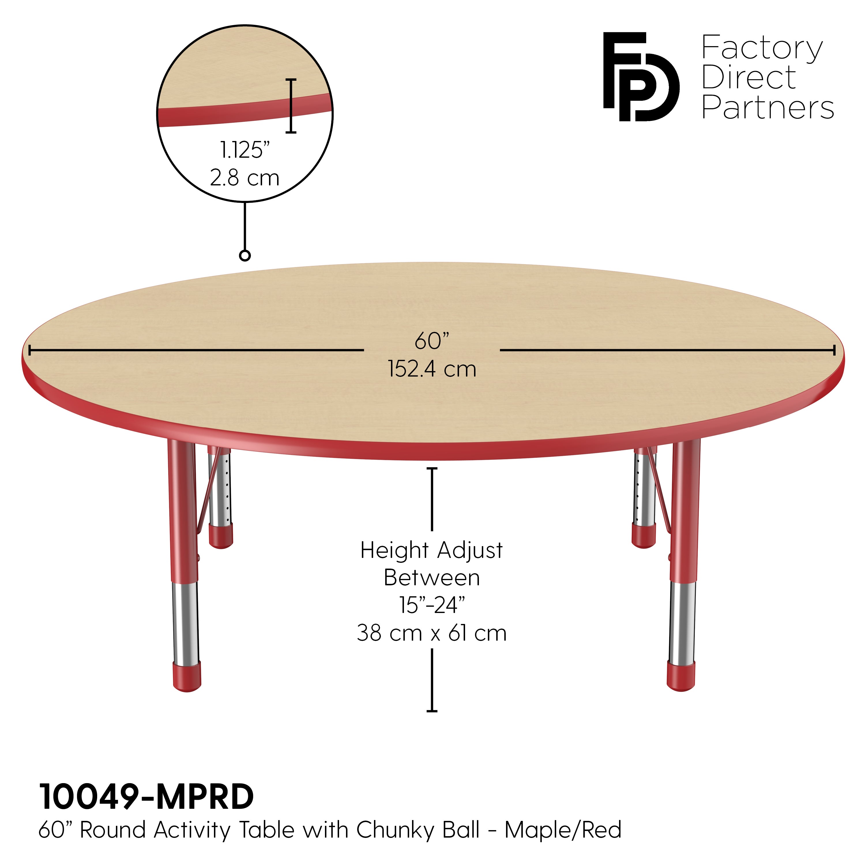 60" Round T-Molding Activity Table with Adjustable Chunky Legs - Maple/Red