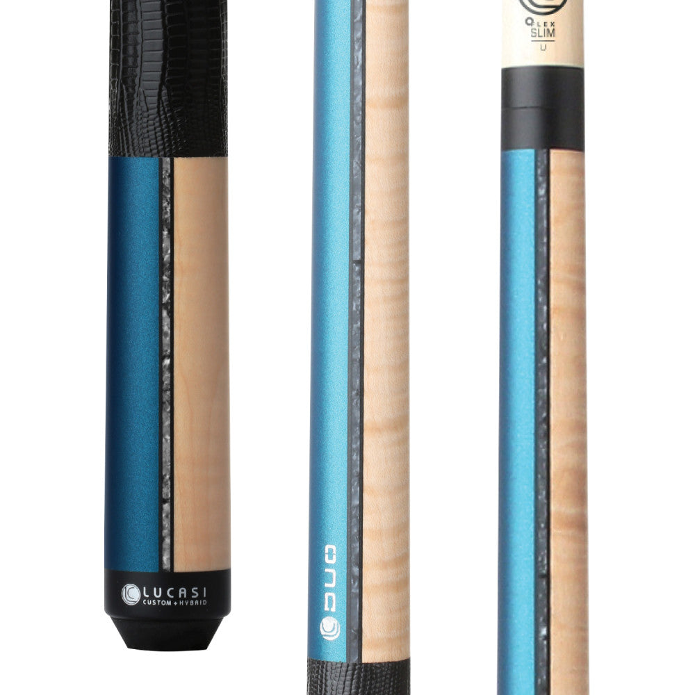 Lucasi Custom Duo Prussian Blue/Natural Super Birdseye Cue with Embossed Leather Wrap