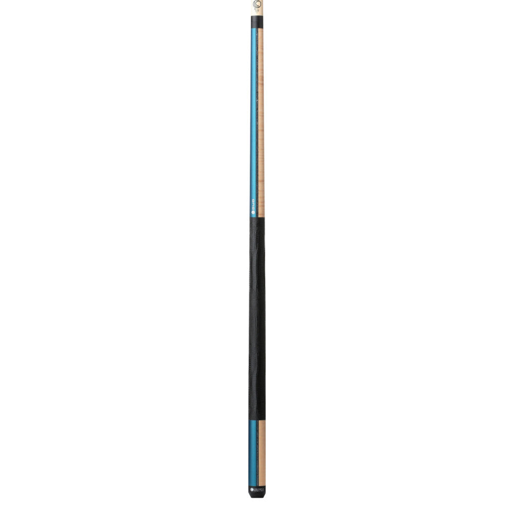Lucasi Custom Duo Prussian Blue/Natural Super Birdseye Cue with Embossed Leather Wrap