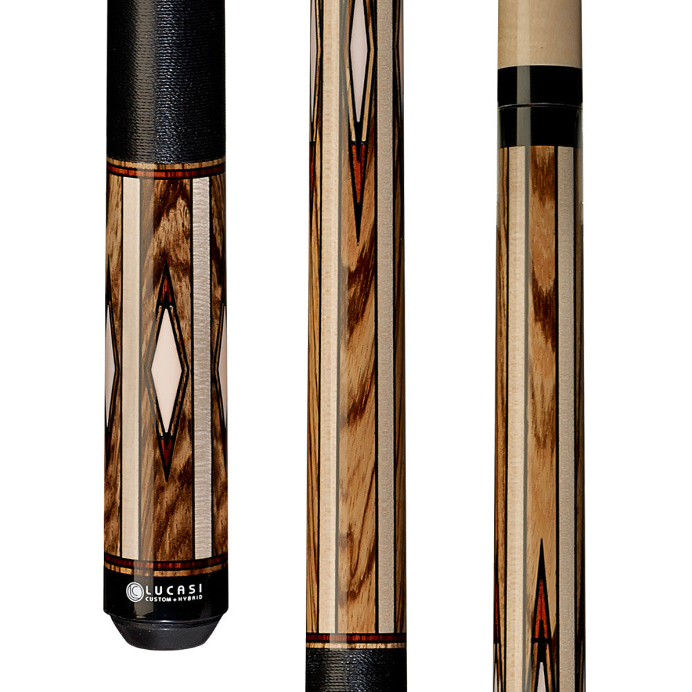 Lucasi Custom Maple/Zebrawood & Imitation Bone/Cocobolo Cue with Embossed Leather Wrap