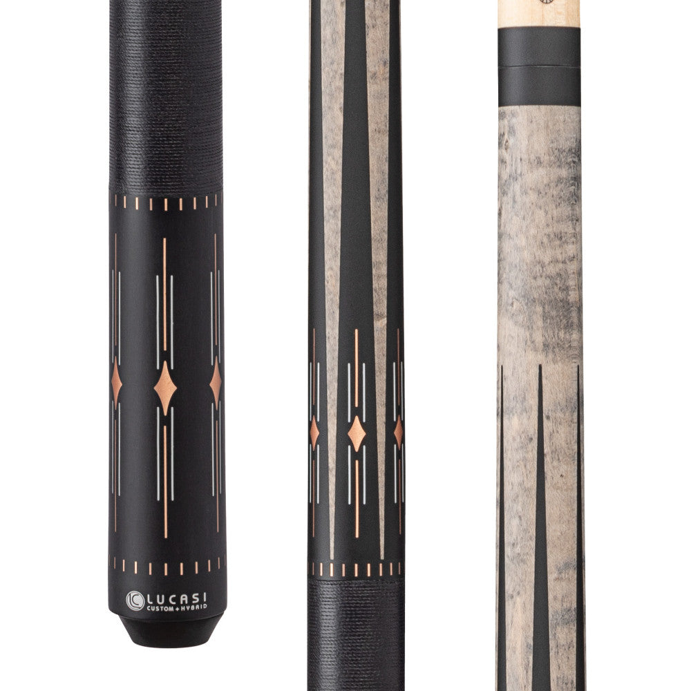 Lucasi Hybrid Matte Grey Wash/Charcoal Birdseye & White/Rose Gold Inlays Cue with Black Linen Wrap