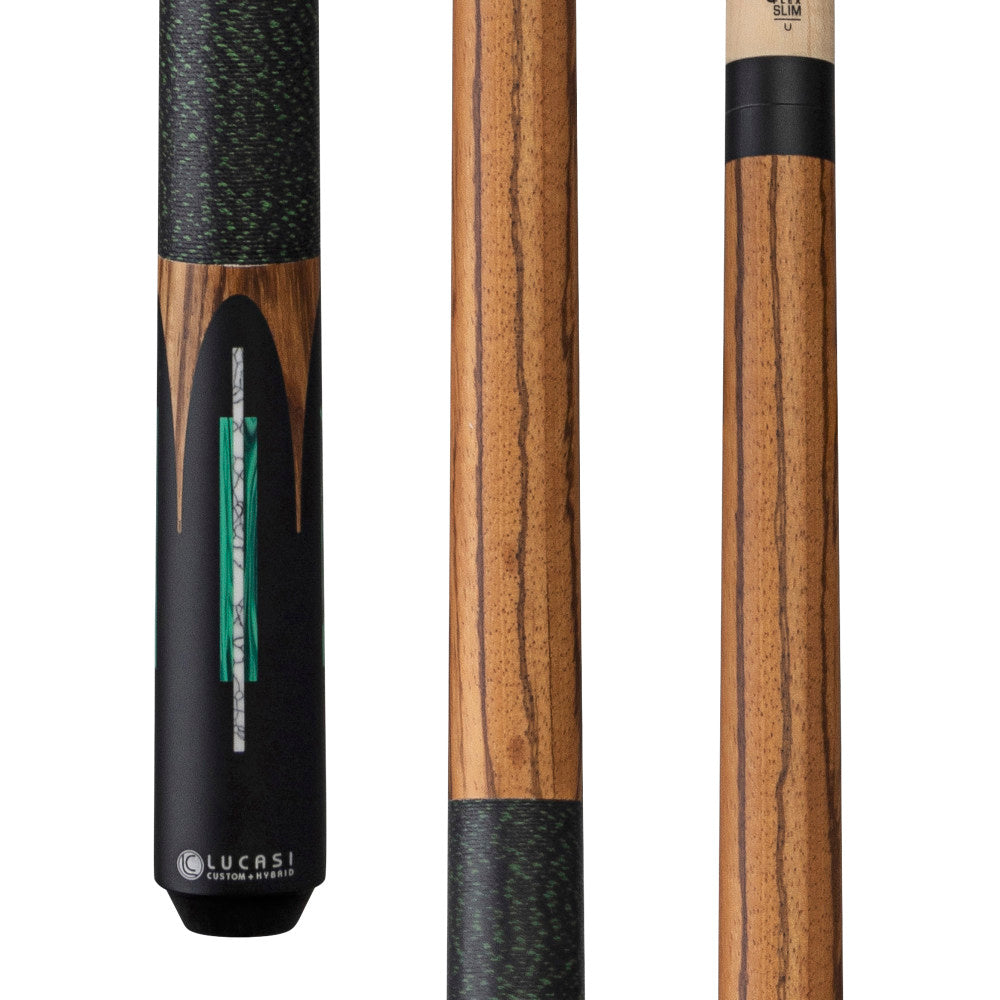 Lucasi LUX60 Pool Cue,  Malachite & White Recon Inlay, Black/Green Linen Wrap
