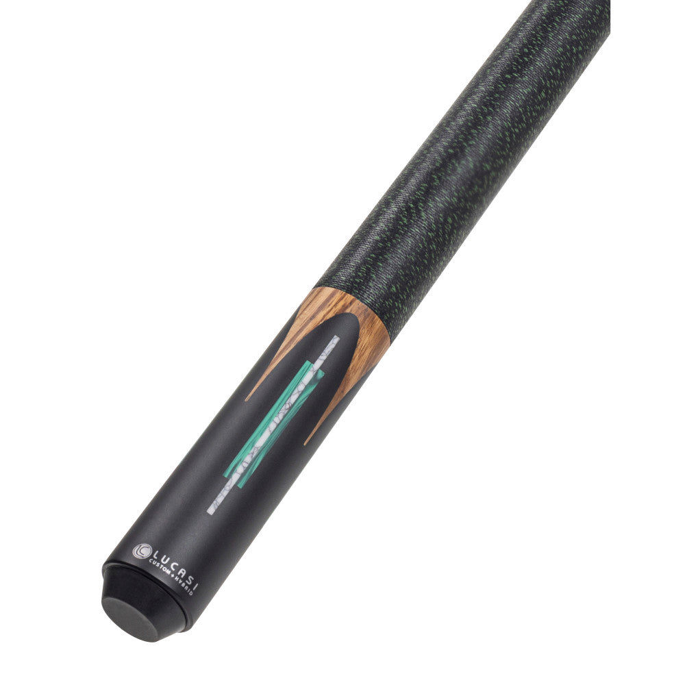 Lucasi LUX60 Pool Cue,  Malachite & White Recon Inlay, Black/Green Linen Wrap