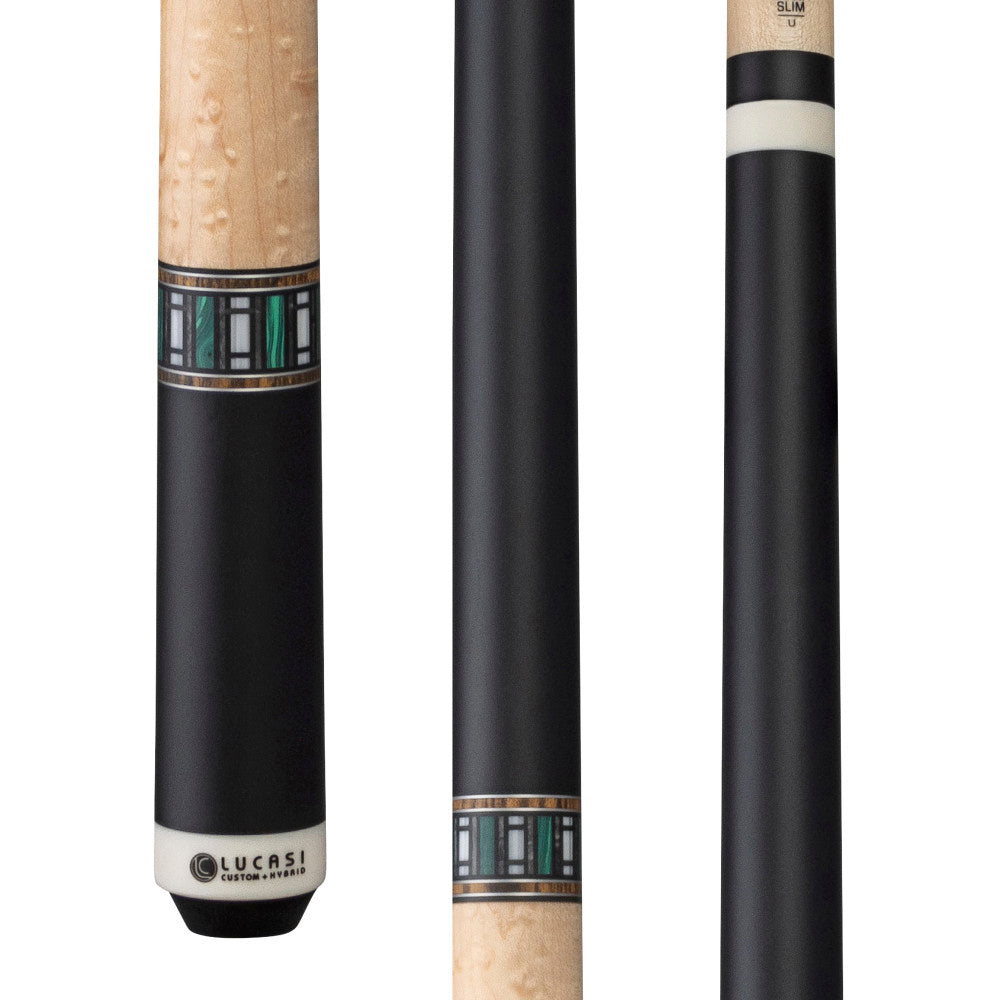 Lucasi LUX61 Pool Cue, Bocote, Malachite & Imt. Bone Inlay Ring, Nat. Brdseye Handle