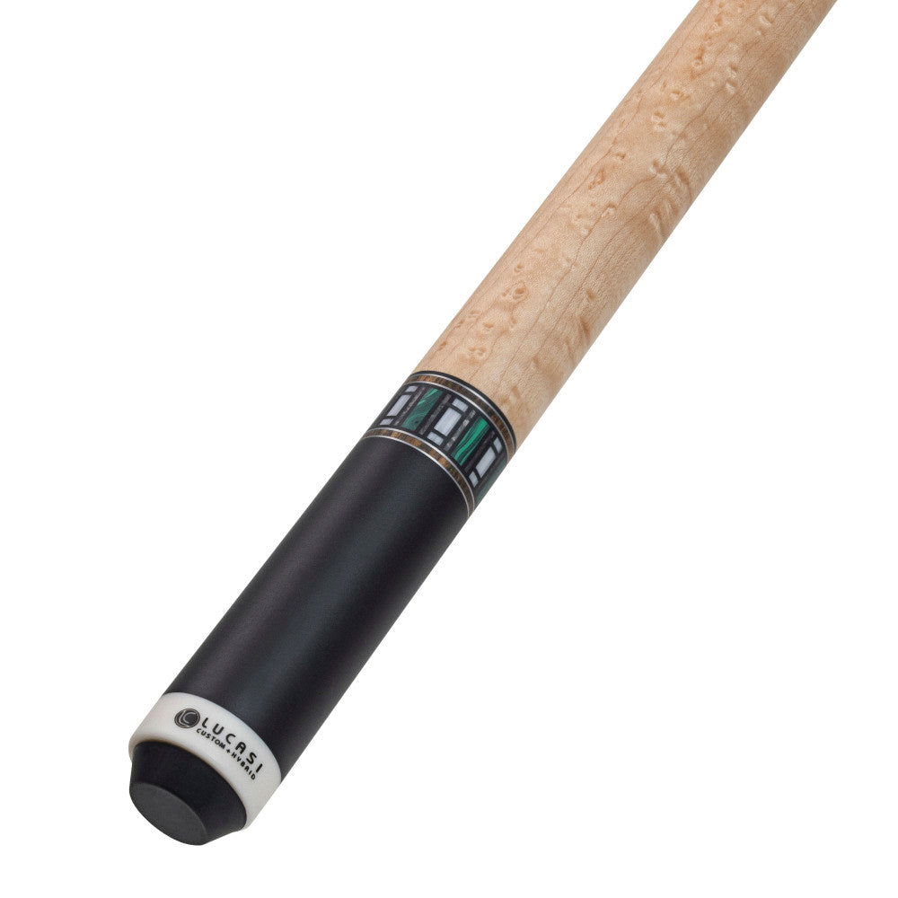 Lucasi LUX61 Pool Cue, Bocote, Malachite & Imt. Bone Inlay Ring, Nat. Brdseye Handle