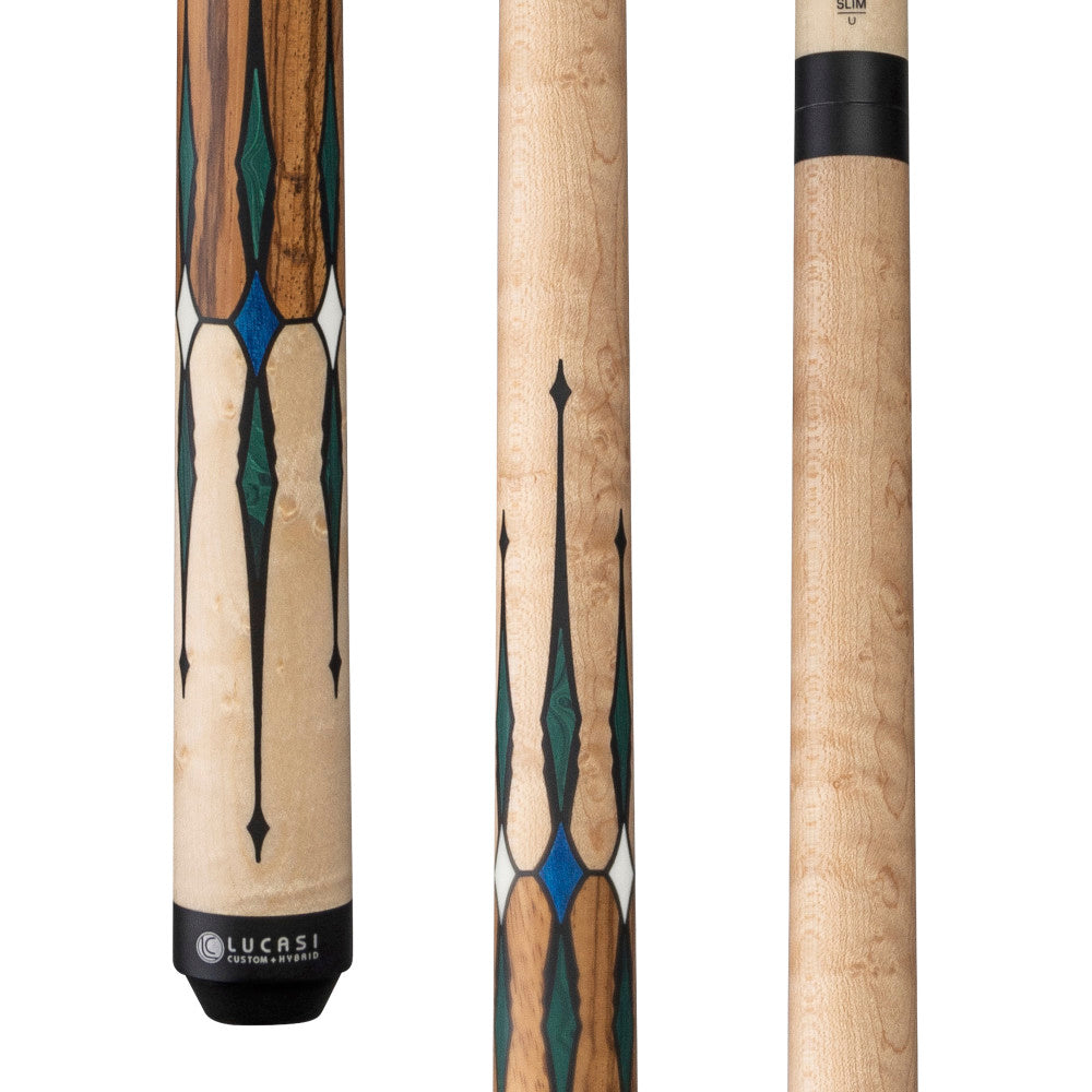 Lucasi LUX64 Pool Cue, Blue stained Maple & White diamonds, Black & Malachite points, Zebrawood handle