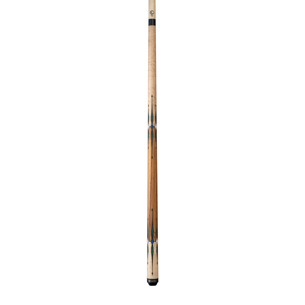 Lucasi LUX64 Pool Cue, Blue stained Maple & White diamonds, Black & Malachite points, Zebrawood handle