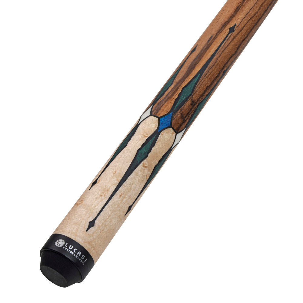Lucasi LUX64 Pool Cue, Blue stained Maple & White diamonds, Black & Malachite points, Zebrawood handle