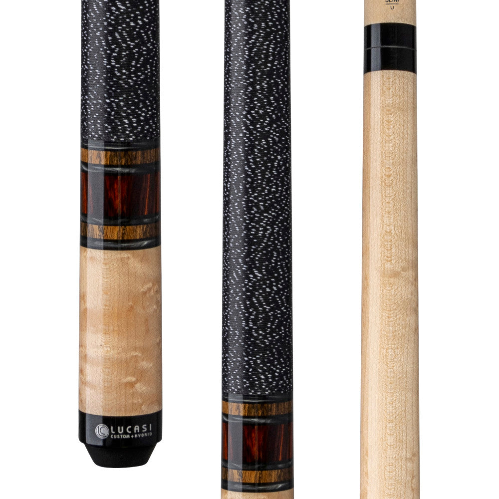 Lucasi LUX65 Pool Cue, Custom Grey Poly, Bocote & Cocobolo ring, Black/White Linen Wrap