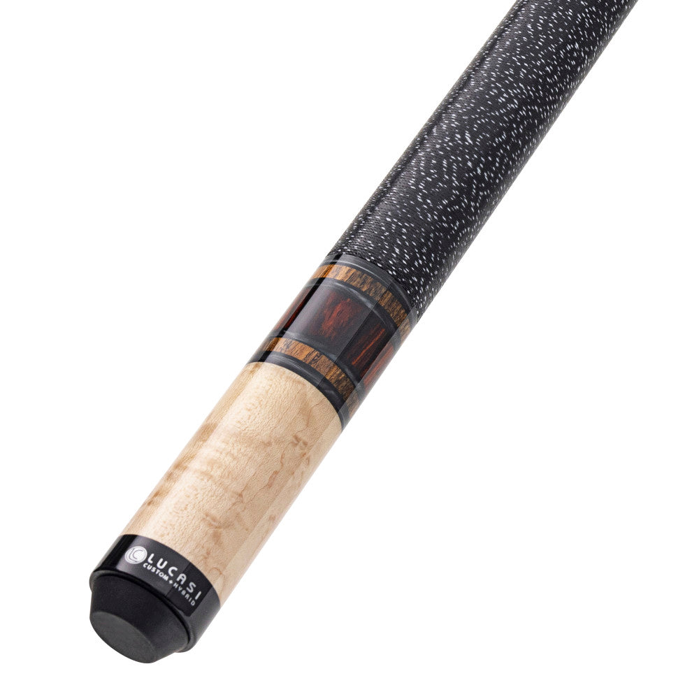 Lucasi LUX65 Pool Cue, Custom Grey Poly, Bocote & Cocobolo ring, Black/White Linen Wrap