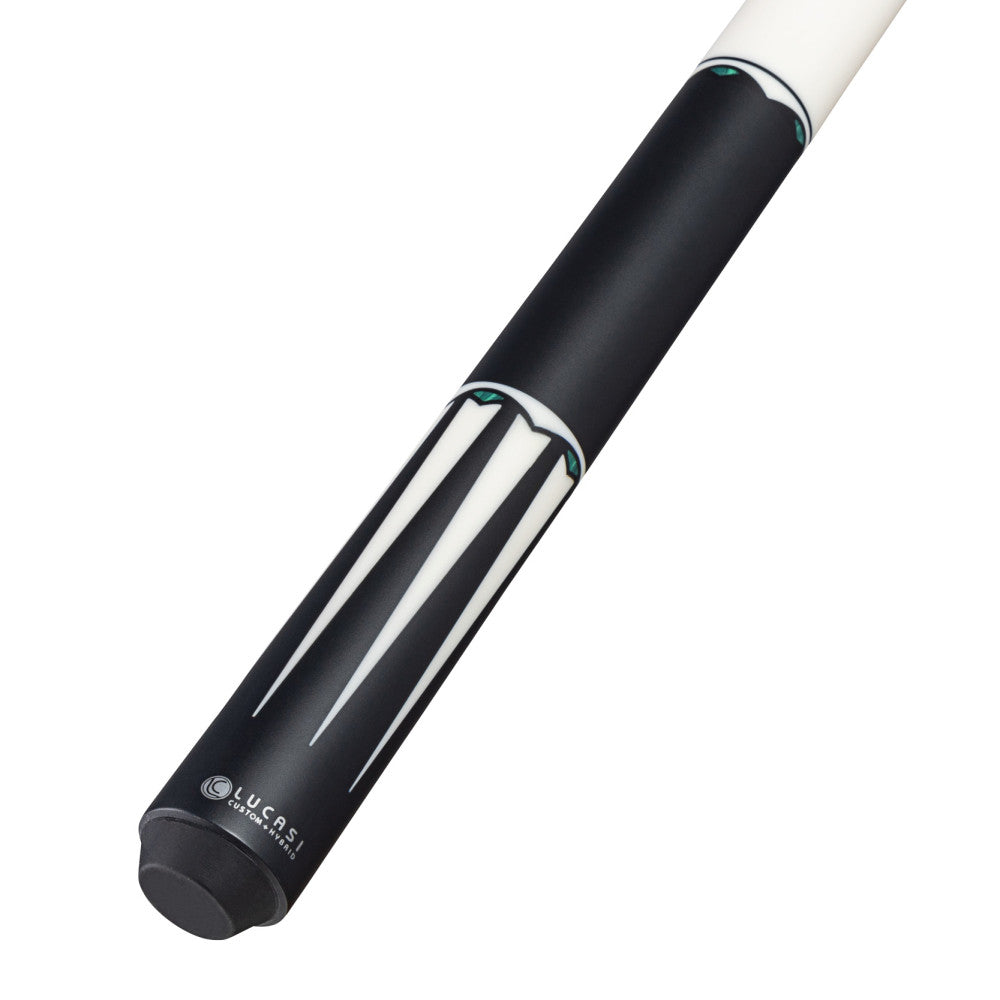 Lucasi LUX67 Pool Cue, Custom White w/Malachite Inlay rings, Black/White Wrapless Handle
