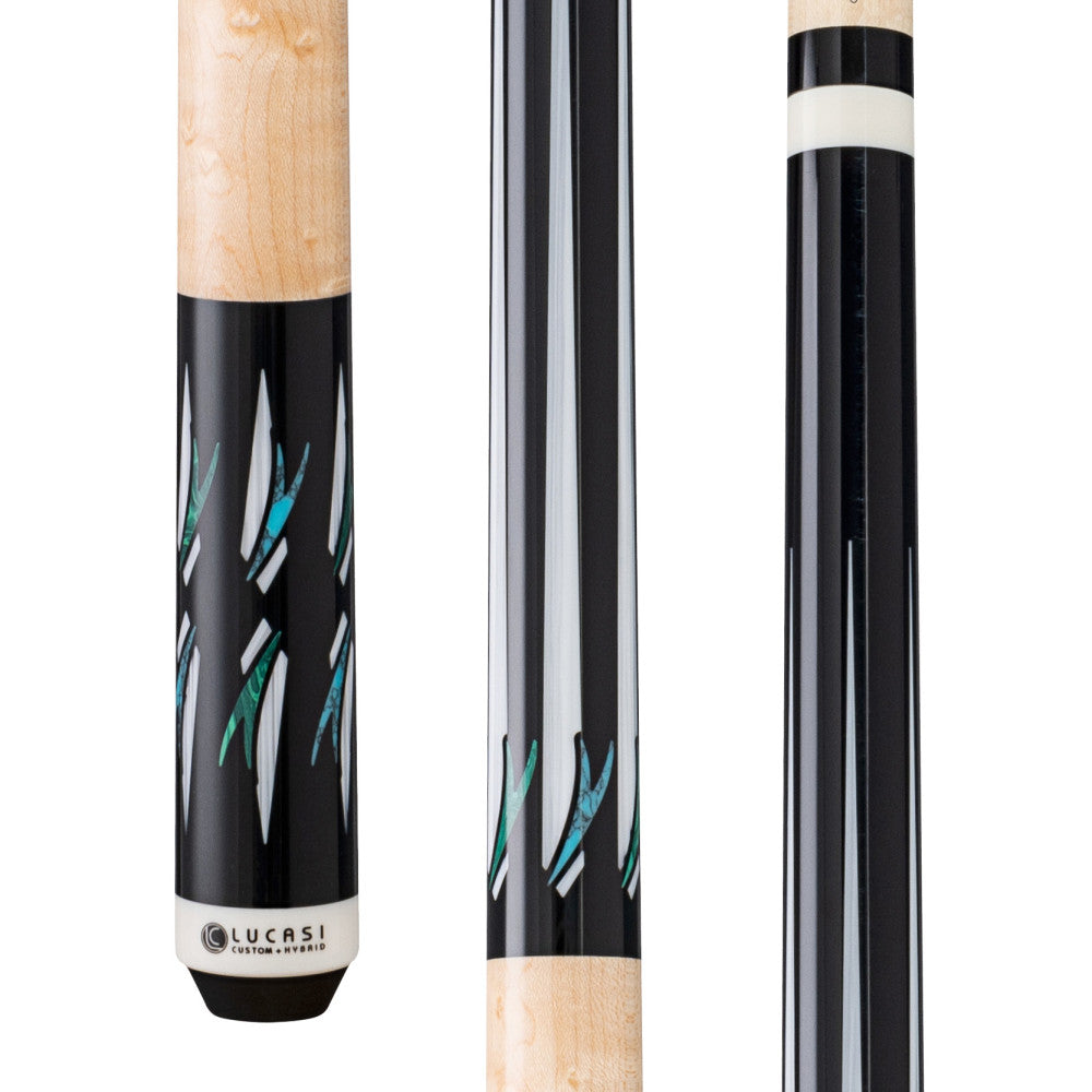 Lucasi LUX68 Pool Cue, Midnight Black with imitation bone inlay points, Natural Birdseye Maple wrapless handle