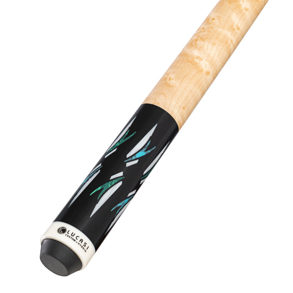 Lucasi LUX68 Pool Cue, Midnight Black with imitation bone inlay points, Natural Birdseye Maple wrapless handle