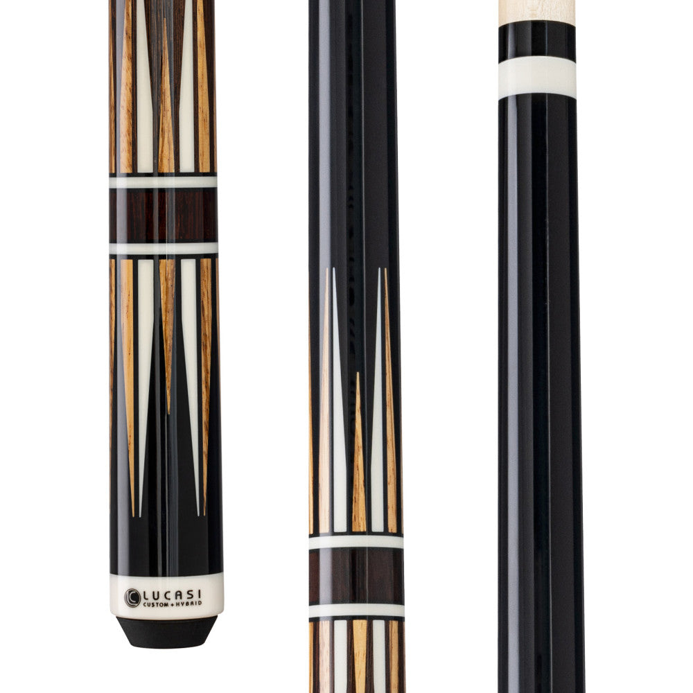 Lucasi LUX72 Pool Cue, White & Zebrawood Inlay, Black Palm handle