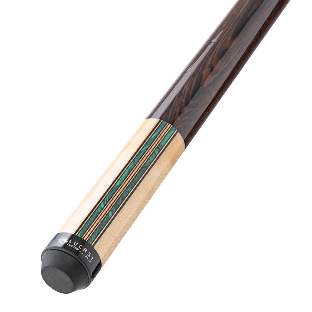 Lucasi LUX73 Pool Cue, Rose Gold & Malachite ring & Inlays, Black Palm handle
