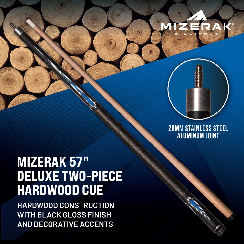 57” Deluxe Two-Piece Hardwood Cue, Black W Blue Accent