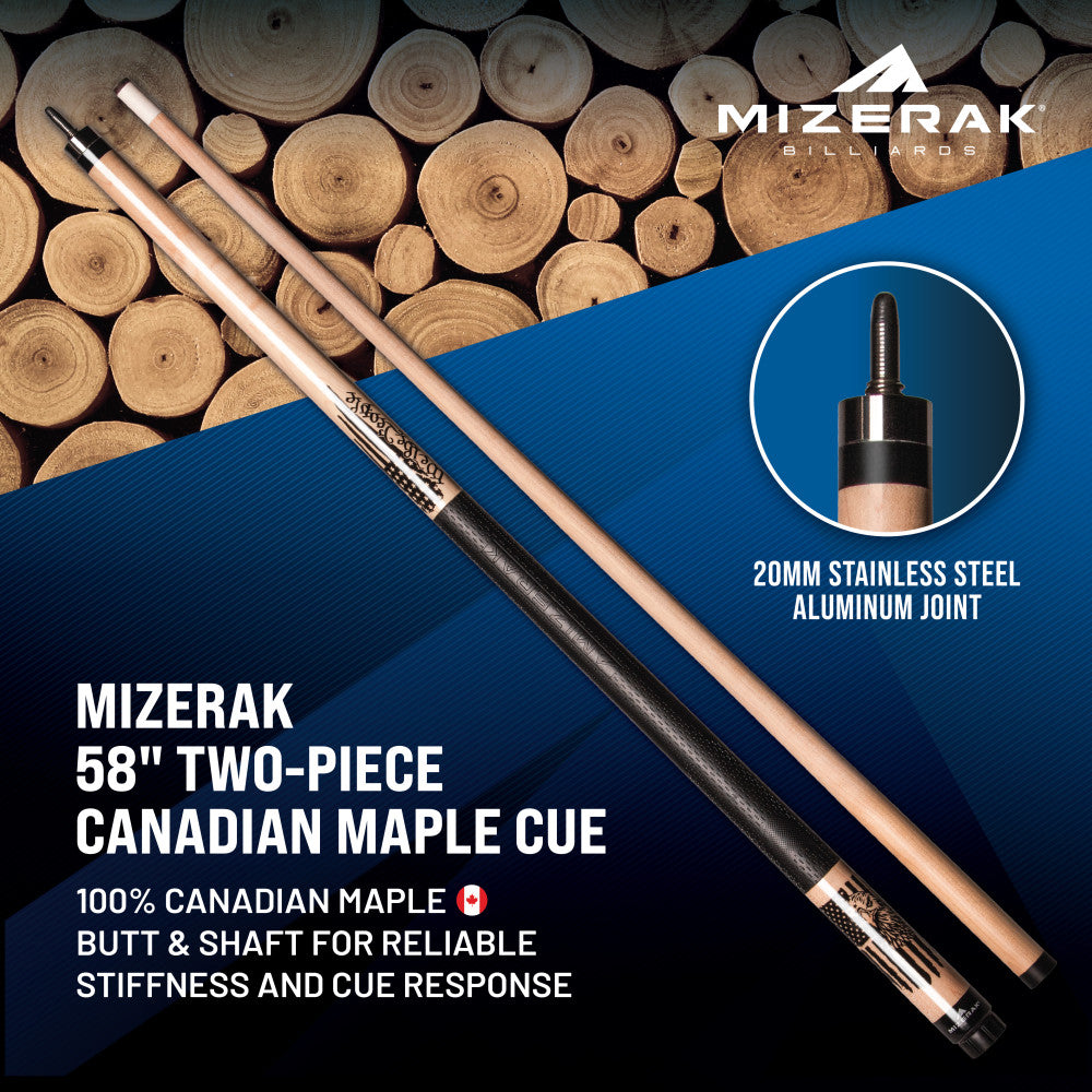 58" Two Piece Premium Maple Cue W Sport Grip, Natural