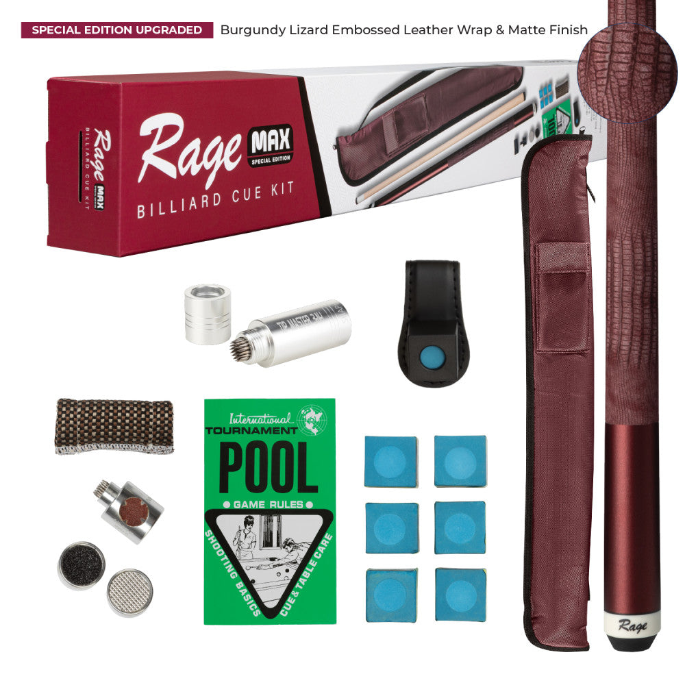 Rage Pre-Packed Max+ Billiard Cue Kit, Burgundy
