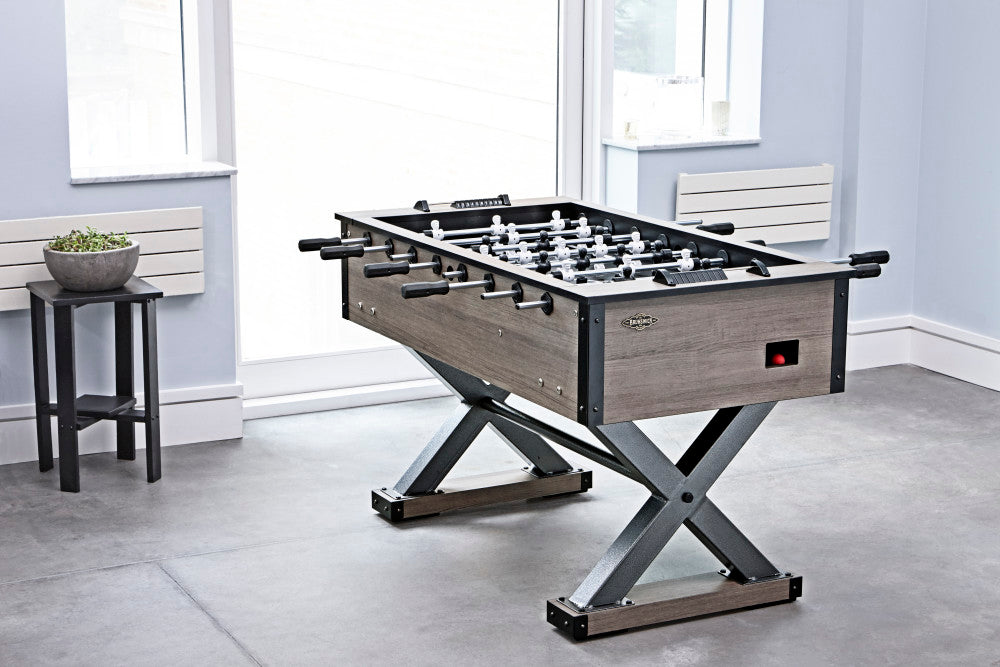 Corner Kick Foosball Table - Weathered Oak - 57.6"L x 55.4"W x 36"H