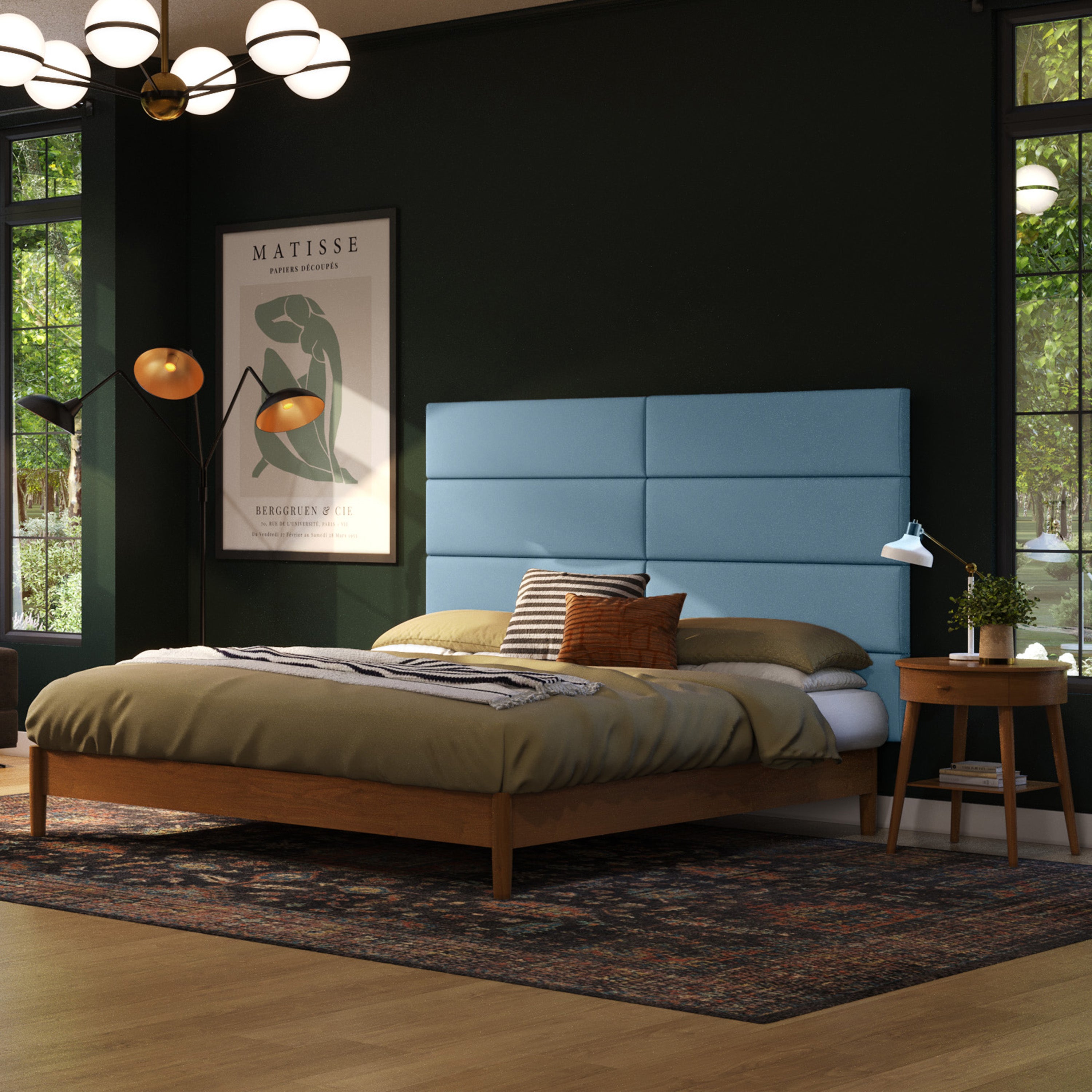 Jaxx Panelist Modern Padded Headboard – Set of 4 Wall Mounted Panels (Each 11.25" x 38") - King, Vegan Leather, Bristle Blue