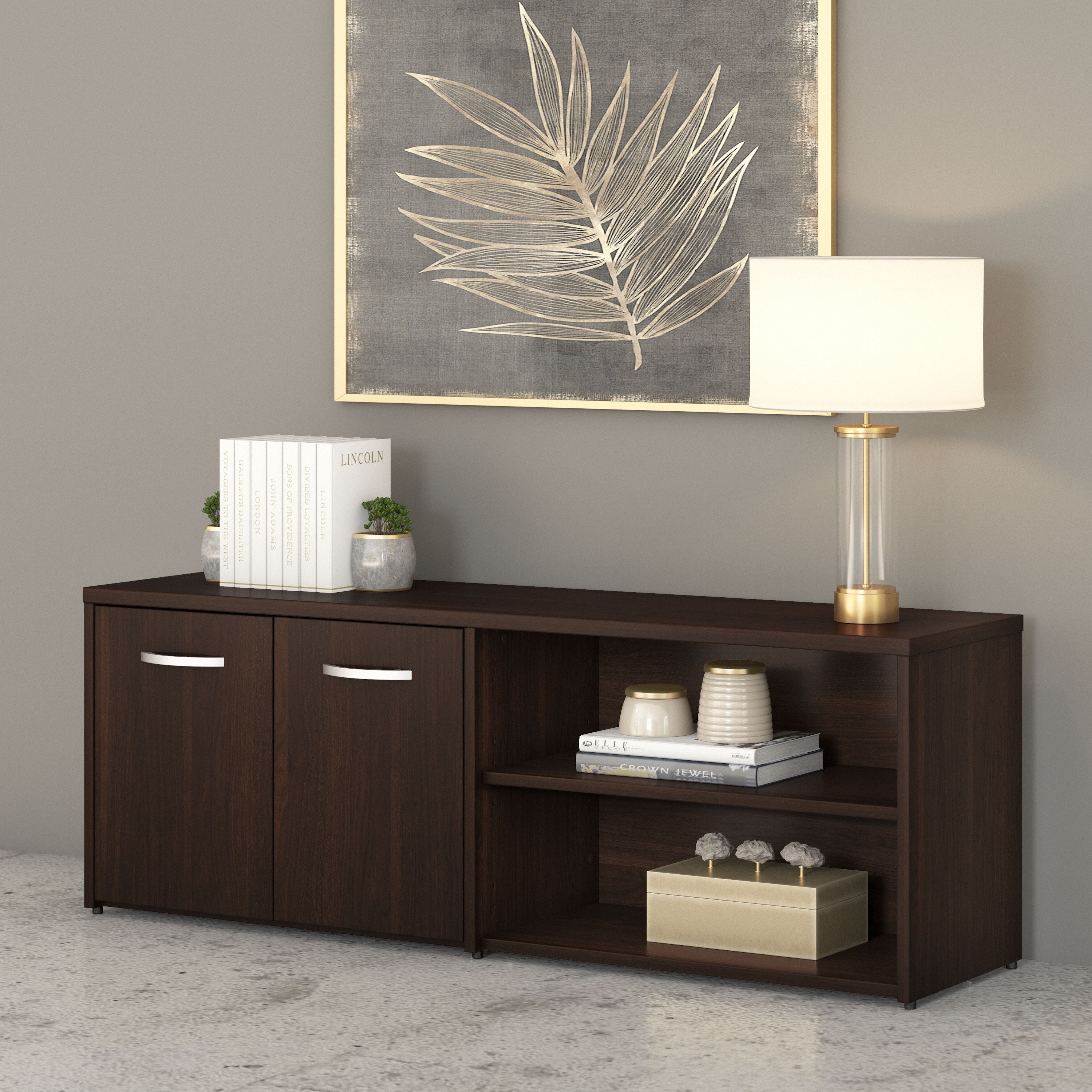 Bush Business Furniture Studio C Low Storage Cabinet with Doors and Shelves in Black Walnut - 59.17" Width x 15.71" Depth x 21.2" Height