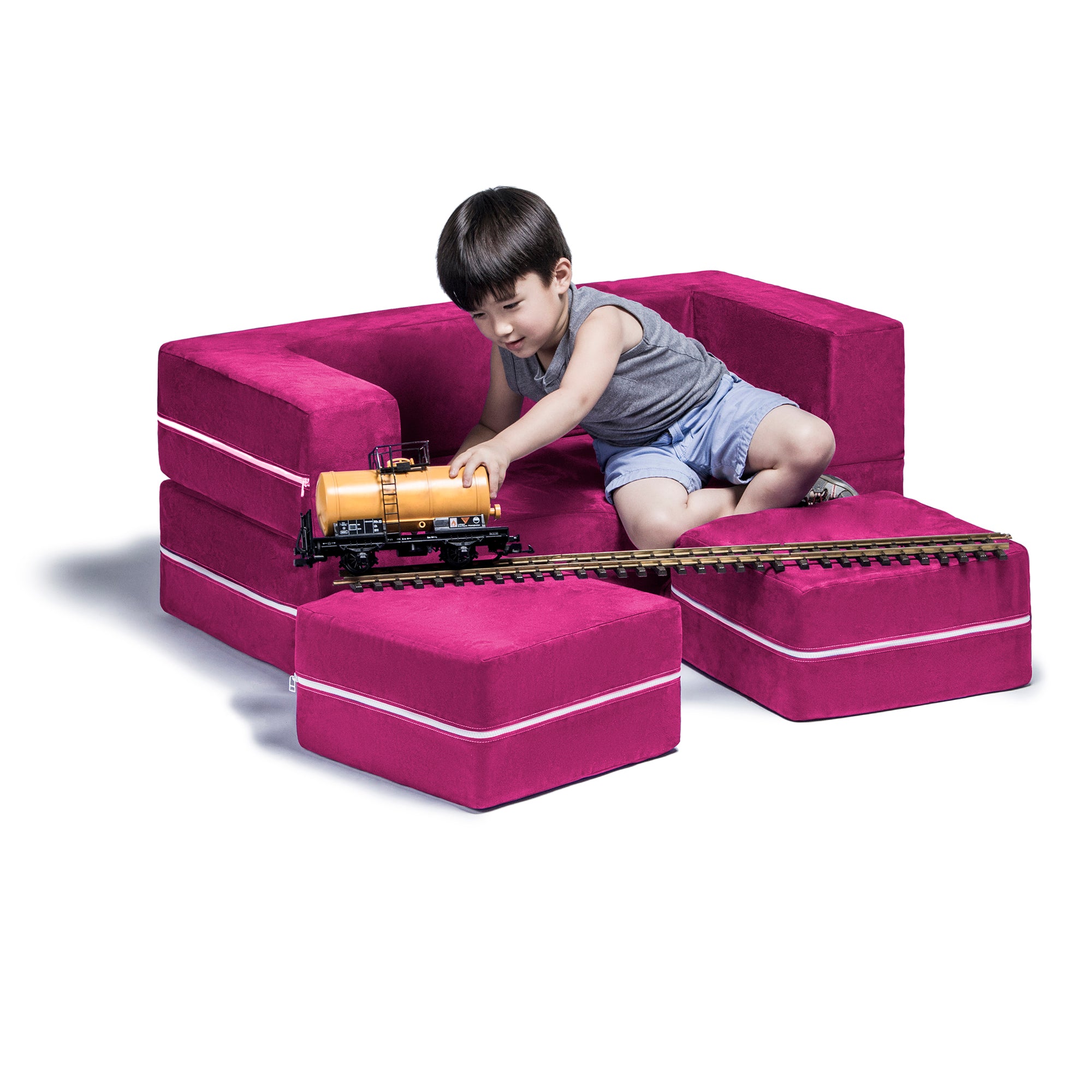 Jaxx Zipline Kids Modular Loveseat & Ottomans, Fold Out Lounger, Fuchsia