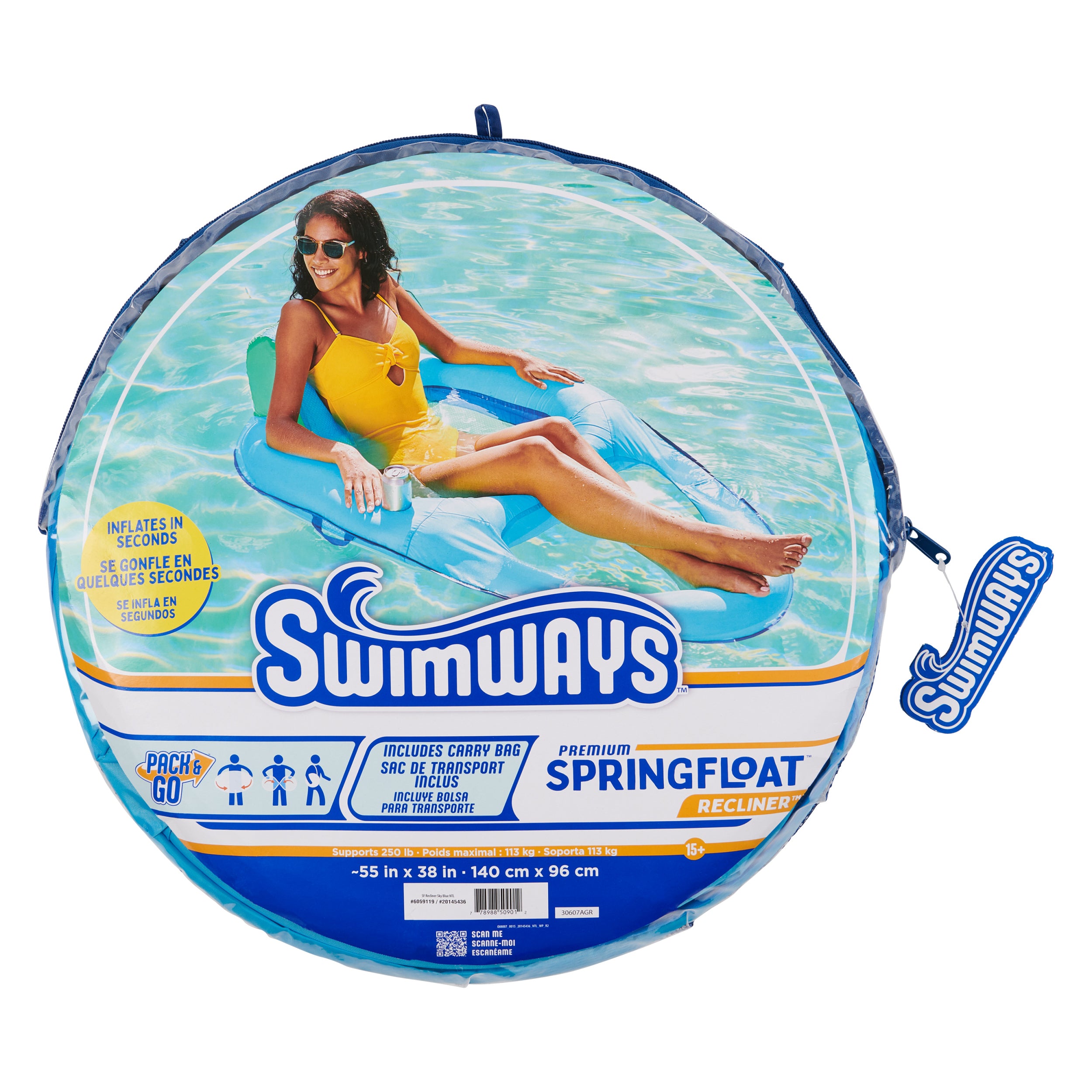 SwimWays Spring Float Premium Recliner Pool Lounger with Hyper-Flate Valve, Inflatable Pool Float, Blue