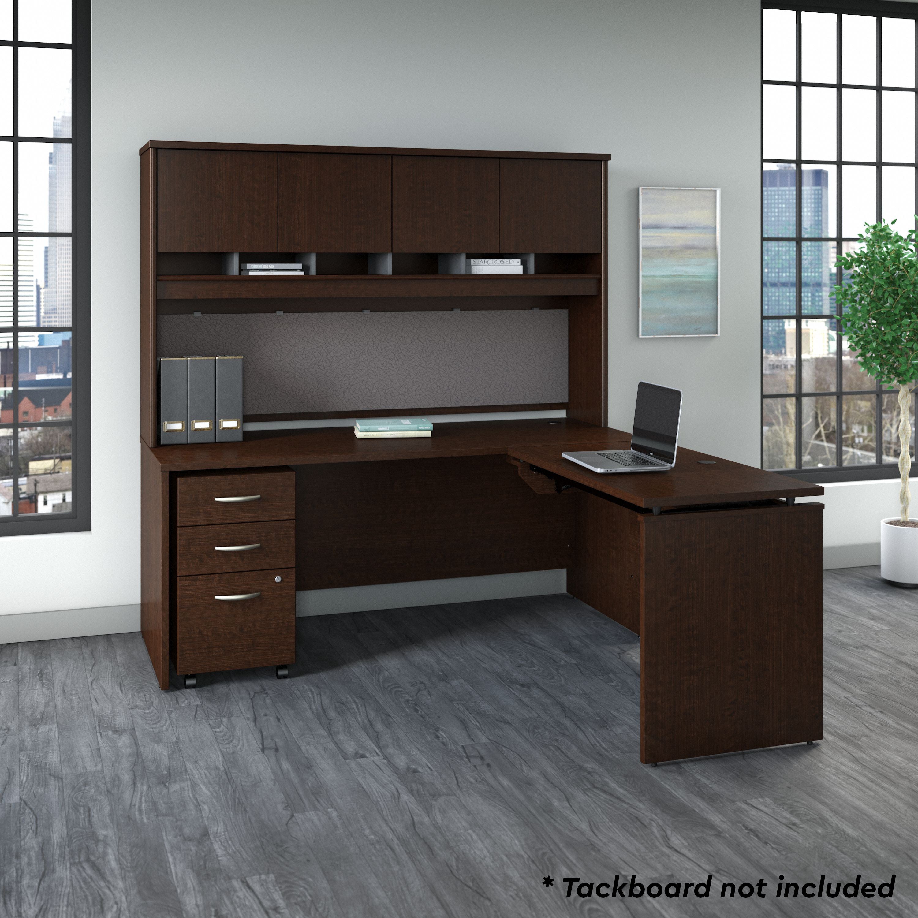 Bush Business Furniture Series C 72W x 30D 3 Position Sit to Stand L Shaped Desk with Hutch and Mobile File Cabinet in Mocha Cherry - 71.1" Width x 72.01" Depth x 72.85" Height