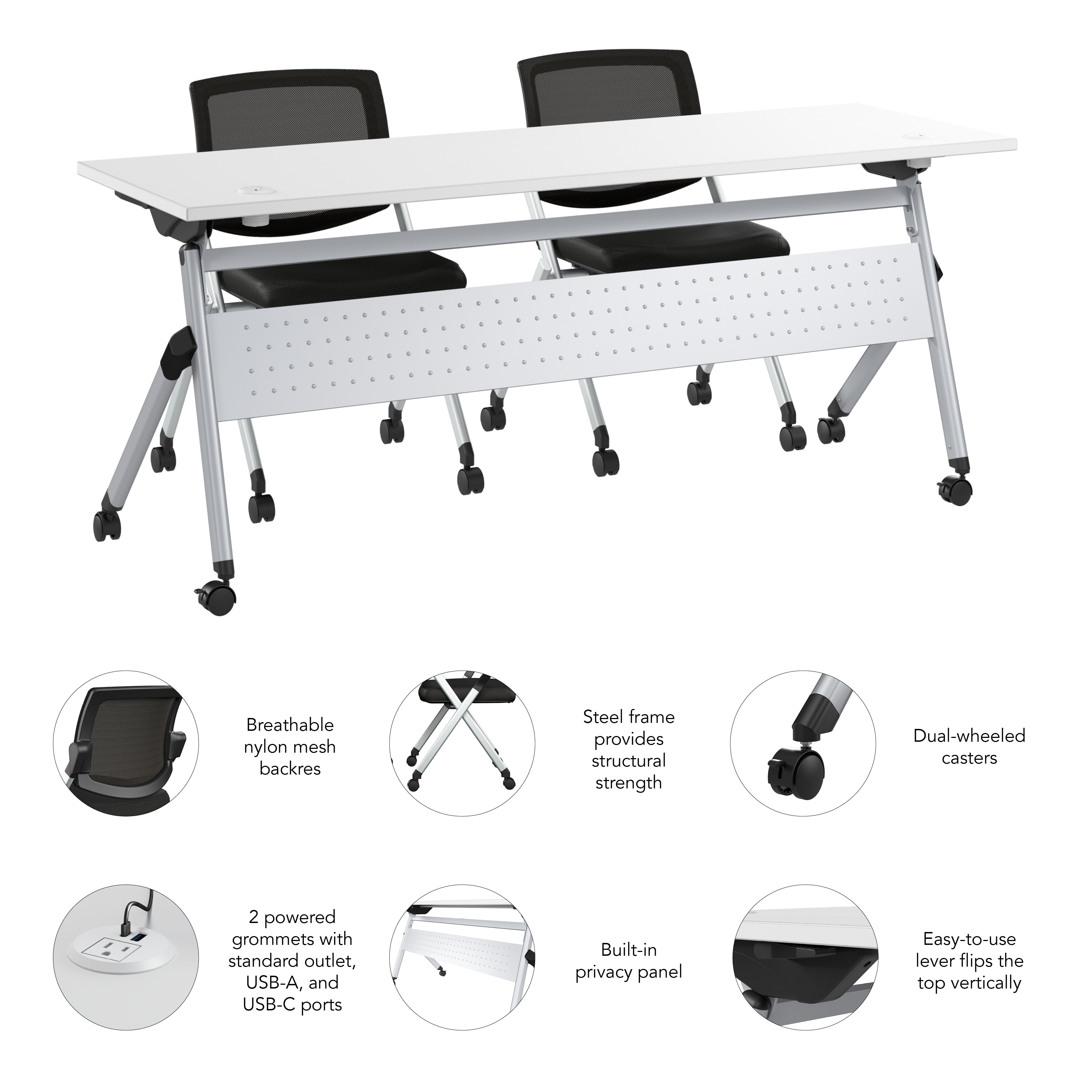 Bush Business Furniture Envision 72W Folding Training Table with Powered Grommets and 2 Chairs in White - 71.02" Width x 23.54" Depth x 32.87" Height