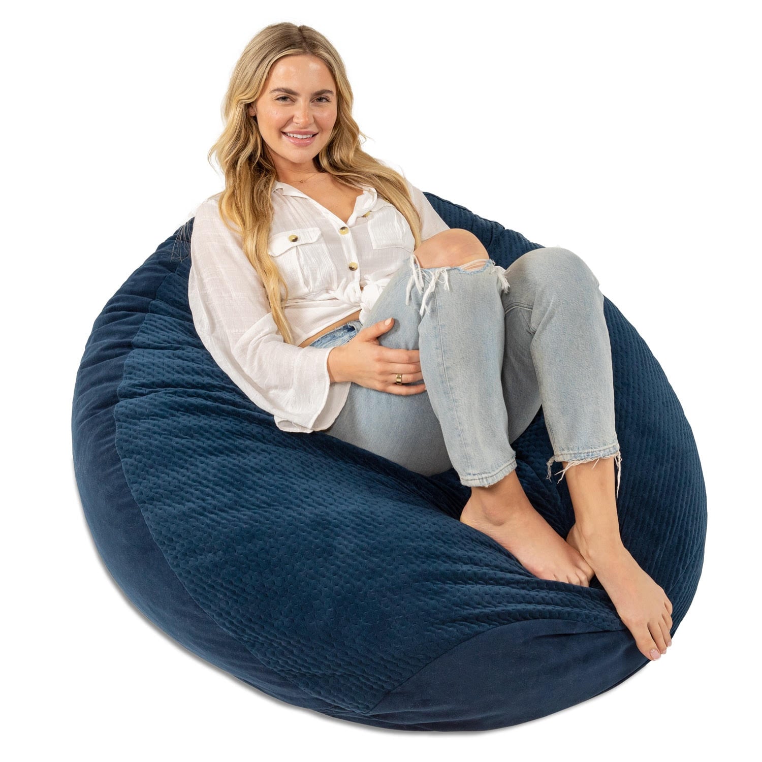 Jaxx Koku - Designer Oval Two-Tone Bean Bag Chair - Quilted Microvelvet, Indigo